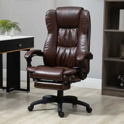Front. HTUTWOO - High Back Massage Office Chair, 6-Point Vibration,with Retractable Footrest - PU Leather Swivel for Home Office, Study - Brown.