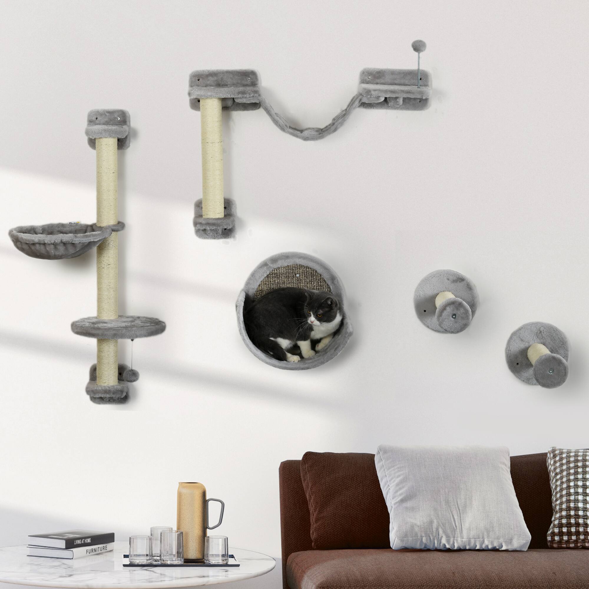Angle. Pawhut - 5 Piece Cat Wall Shelves, Wall Mounted with Hammock, Perches, Ladder, Scratching Posts, for Climbing and Relaxing - Gray.
