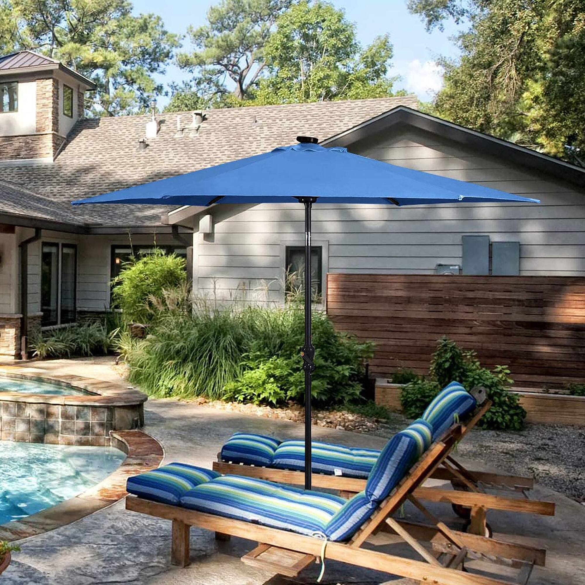 Alt View 1. Costway - Costway 9ft Market Patio Umbrella w/Solar Lights & 40 LBS Steel Umbrella Stand - Blue.