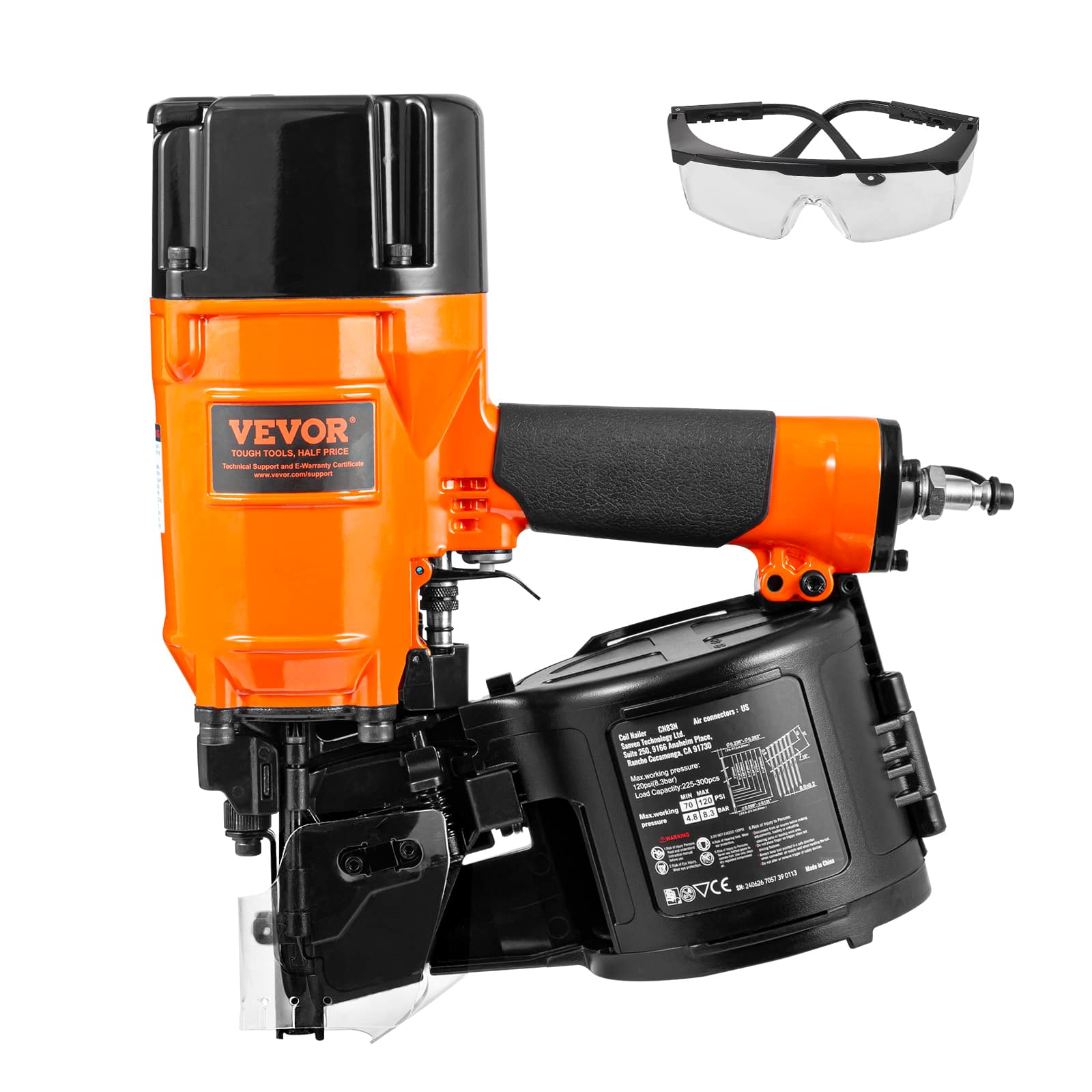 VEVOR - Coil Siding/Framing Nailer CN83N, 2" to 3-1/4" 15 Degree Pneumatic Siding Nail Gun with Tool-Less Depth Adjustment - Orange