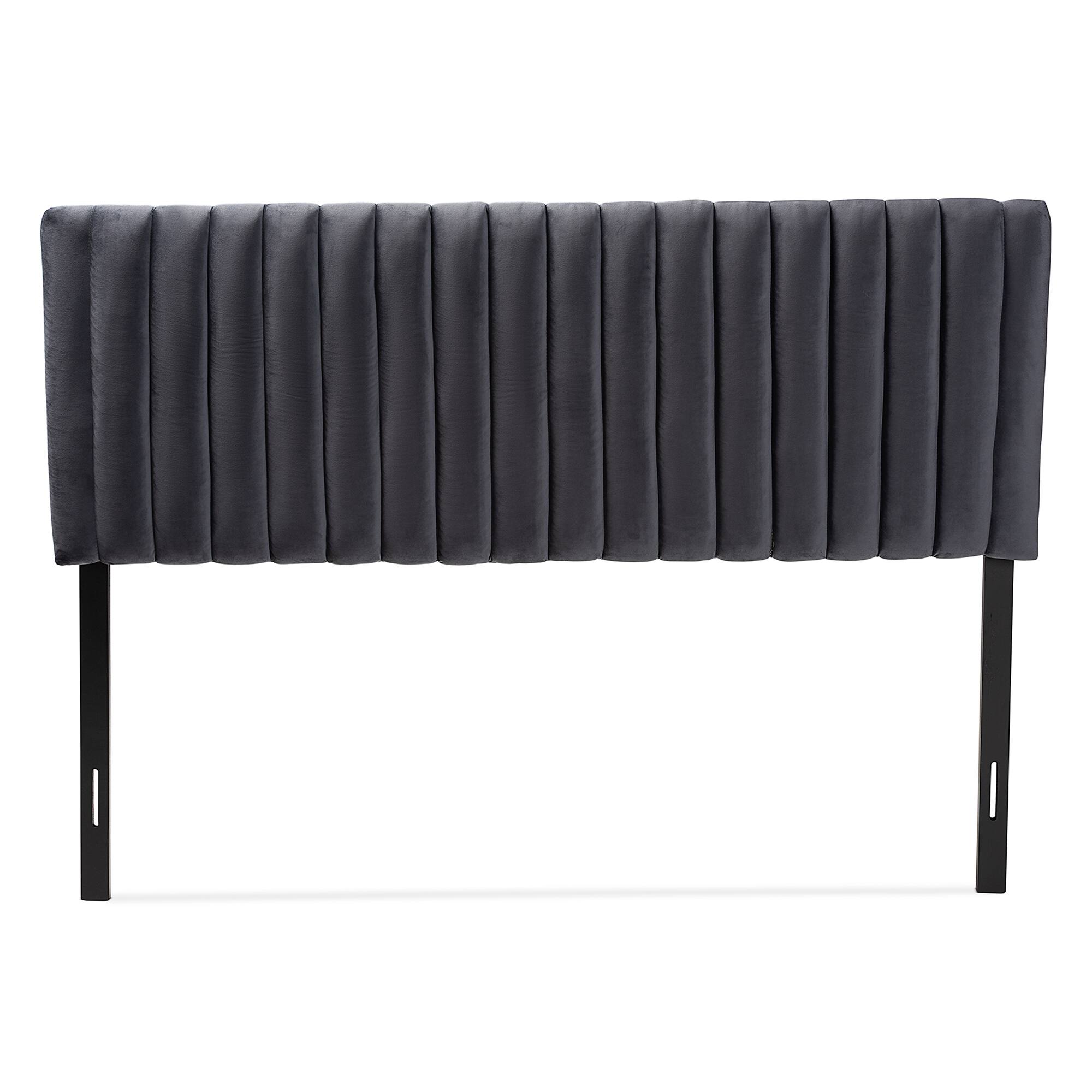 Angle. Baxton Studio - Emile Modern and Contemporary Velvet Fabric Upholstered and Dark Brown Finished Wood Queen Size Headboard - Grey/Dark Brown.