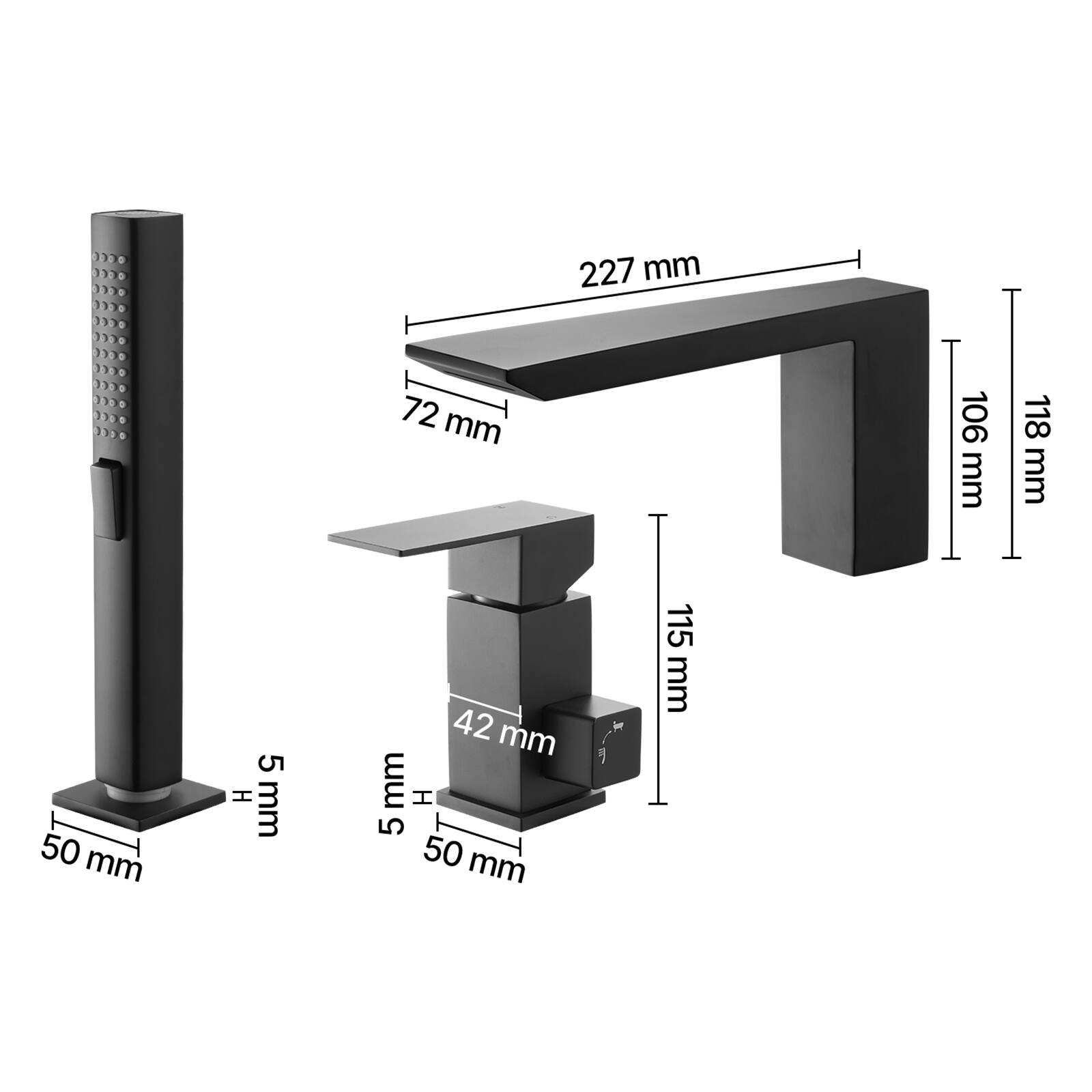 - 227 mm
- 72 mm
- 106 mm
- 118 mm
- 115 mm
- 50 mm
- 42 mm
- 5 mm