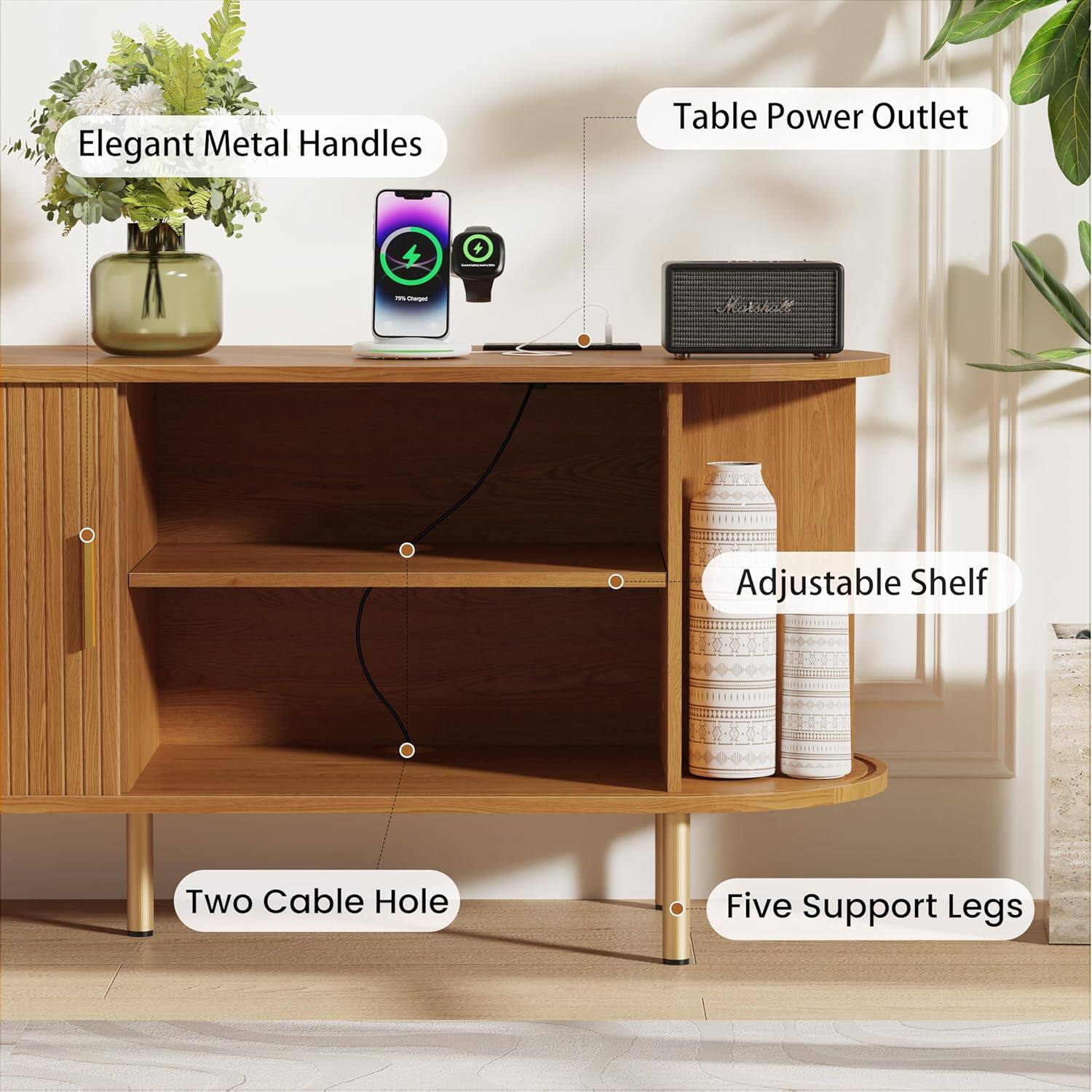 Elegant Metal Handles  
Table Power Outlet  
Adjustable Shelf  
Two Cable Hole  
Five Support Legs