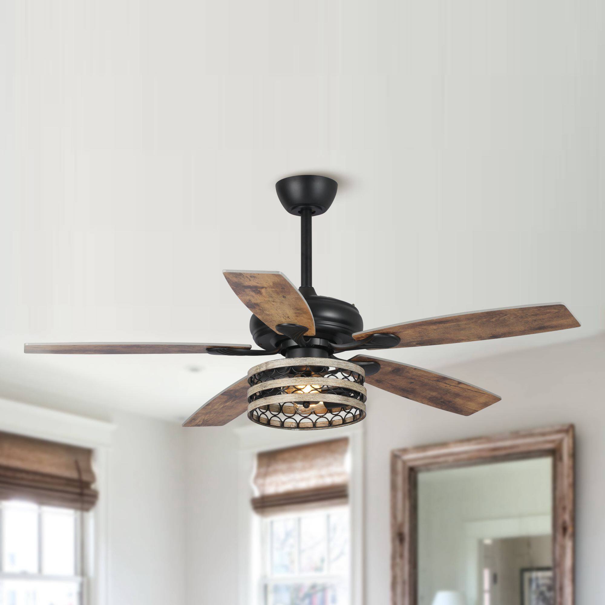 Angle. Parrot Uncle - 52" Farmhouse Driftwood 5-Blade Black Caged Chandelier Ceiling Fan with Remote - Black.