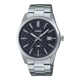 Casio - Men’s Black Check-Pattern Dial Stainless Steel Bracelet Watch - MTP-VD03D-1AUDF - Silver