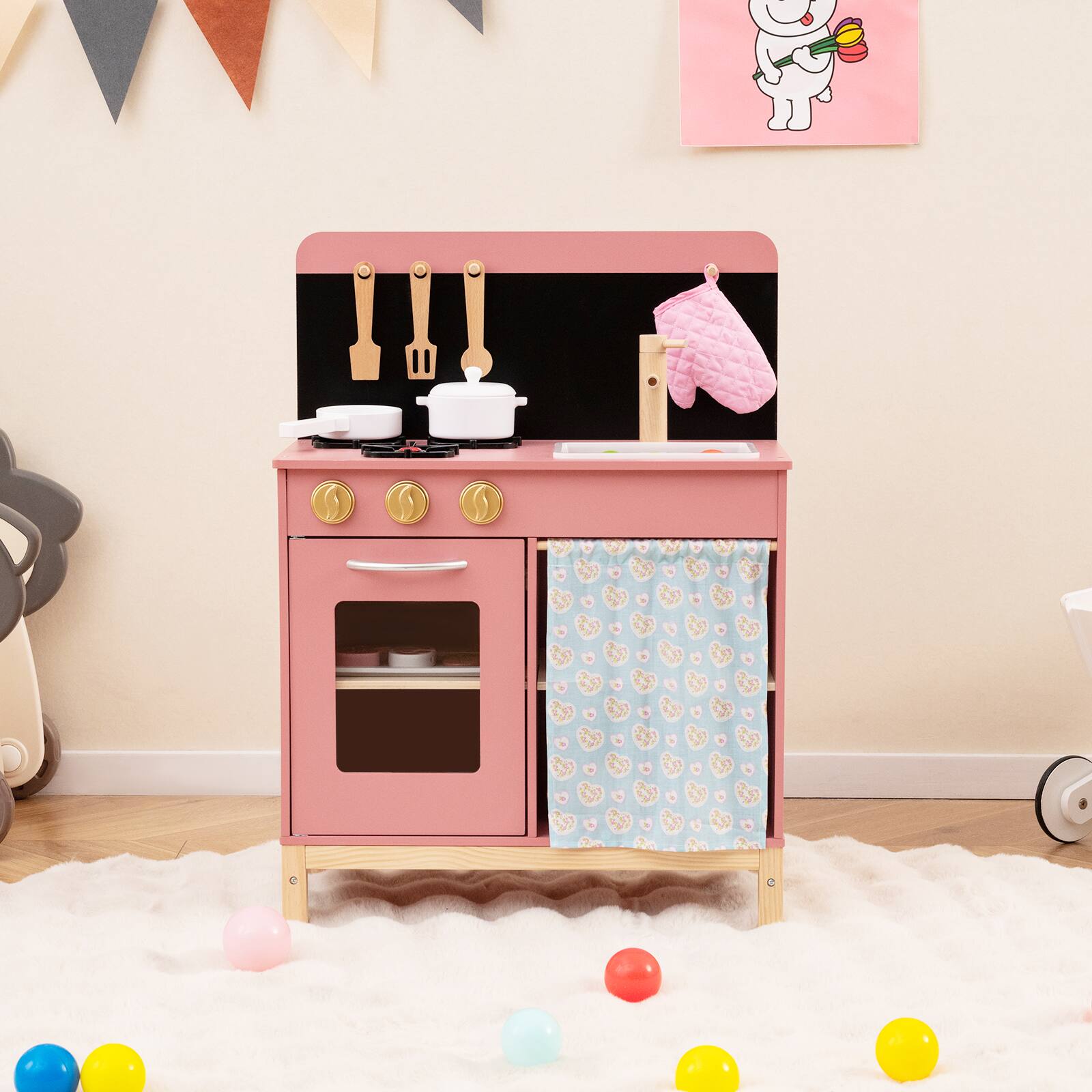 Alt View 4. Gymax - Gymax Play Kitchen for Kids w/ Door Curtain Stoves Sink & Oven Cookware Accessories - Pink.