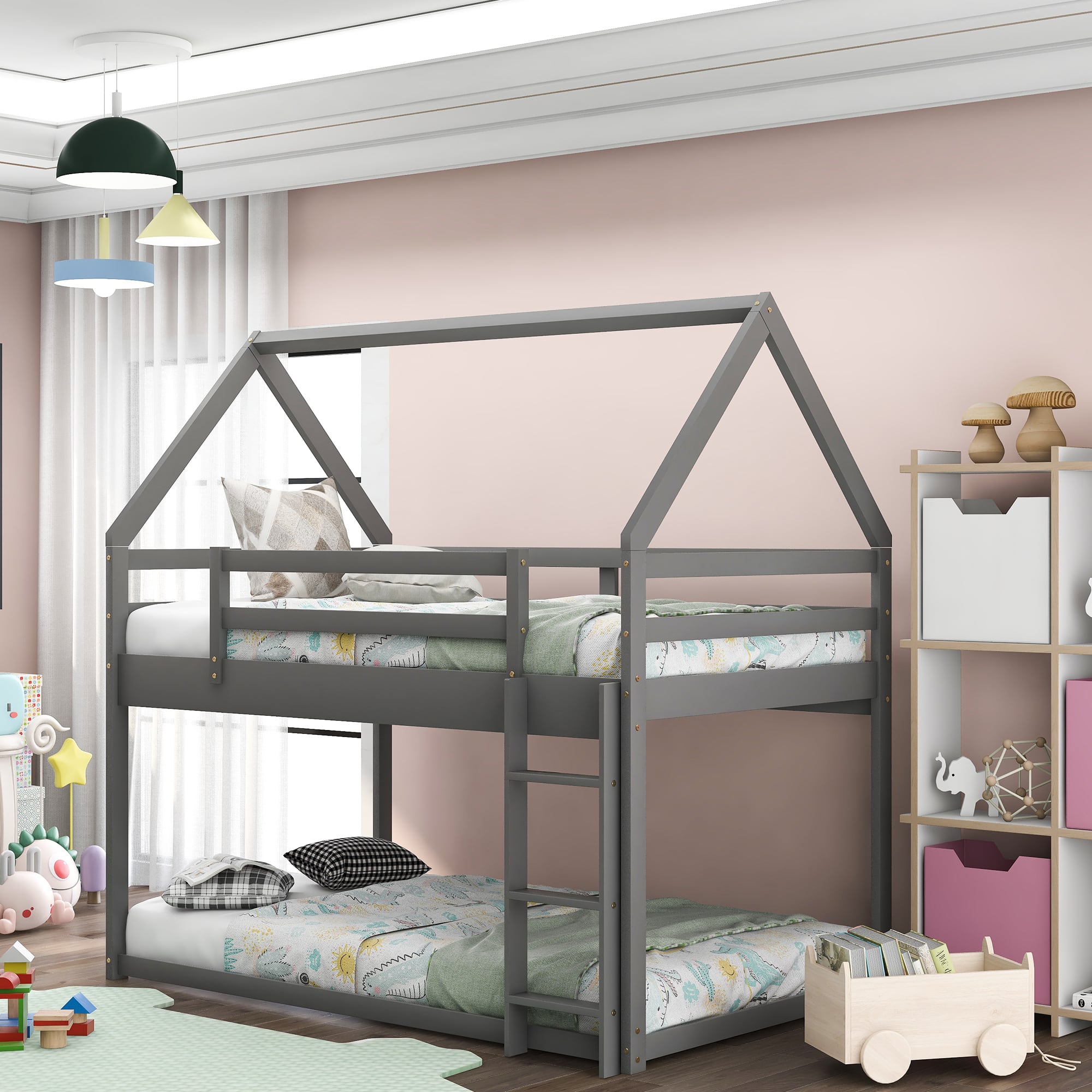 Aukfa - Twin over Twin Low Bunk Bed, House Bed with Ladder - Gray