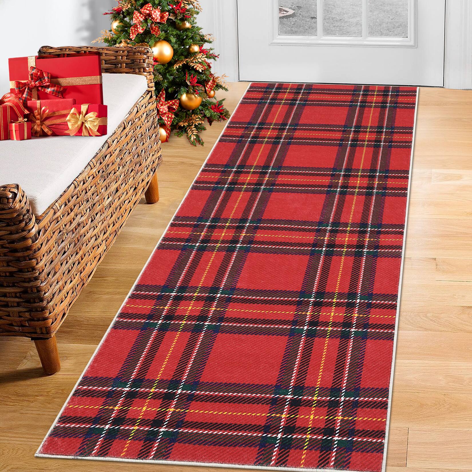 Front. Acekool - 2 x 10 ftChristmas Rug Runner, Stain-Resistant Xmas Floral Bedside Bathroom Rug for Laundry,Bedroom - Red.