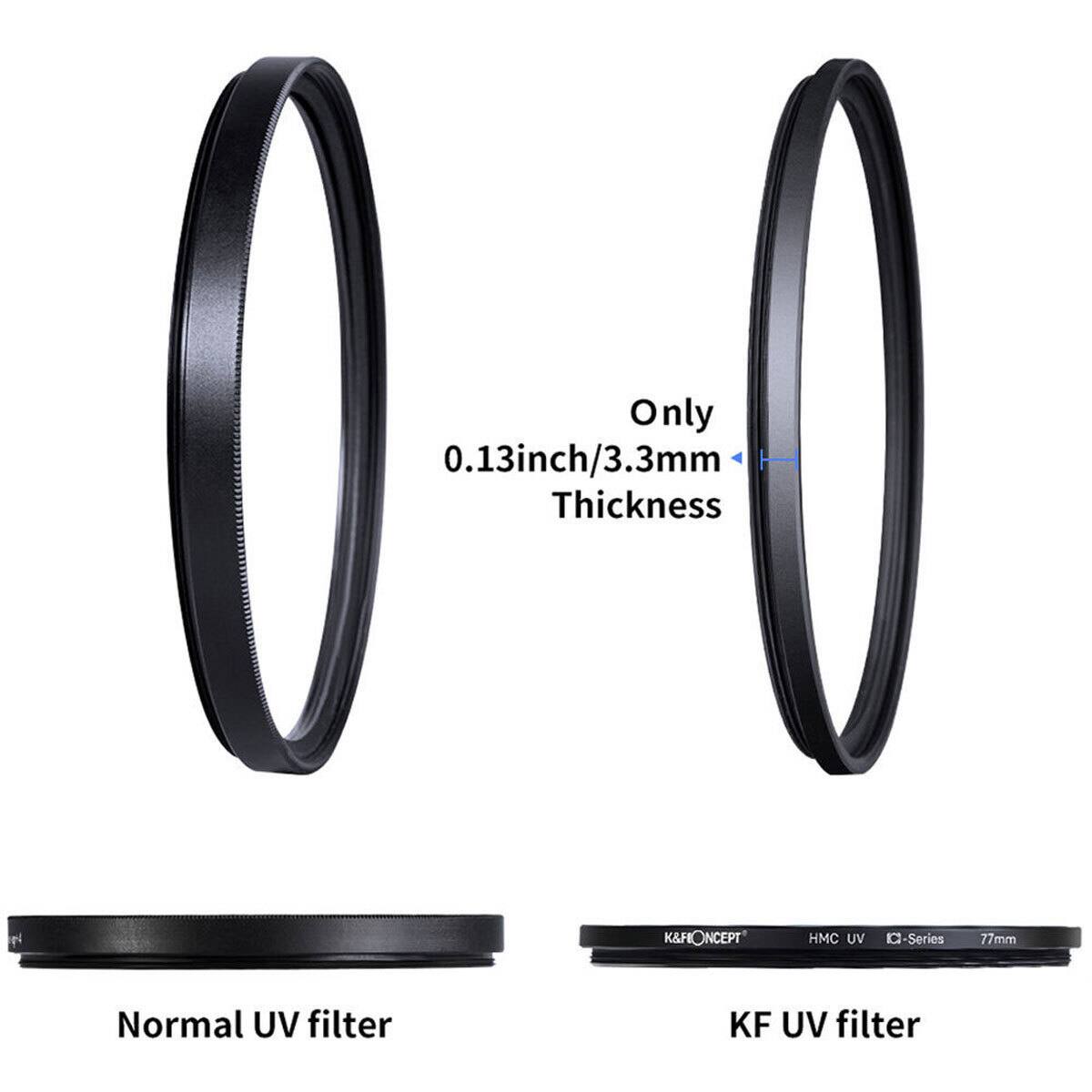 0-0 Only 0.13 inch/3.3 mm Thickness  
K&FONCEPT HMC UV -Series 77mm  
Normal UV filter  
KF UV filter