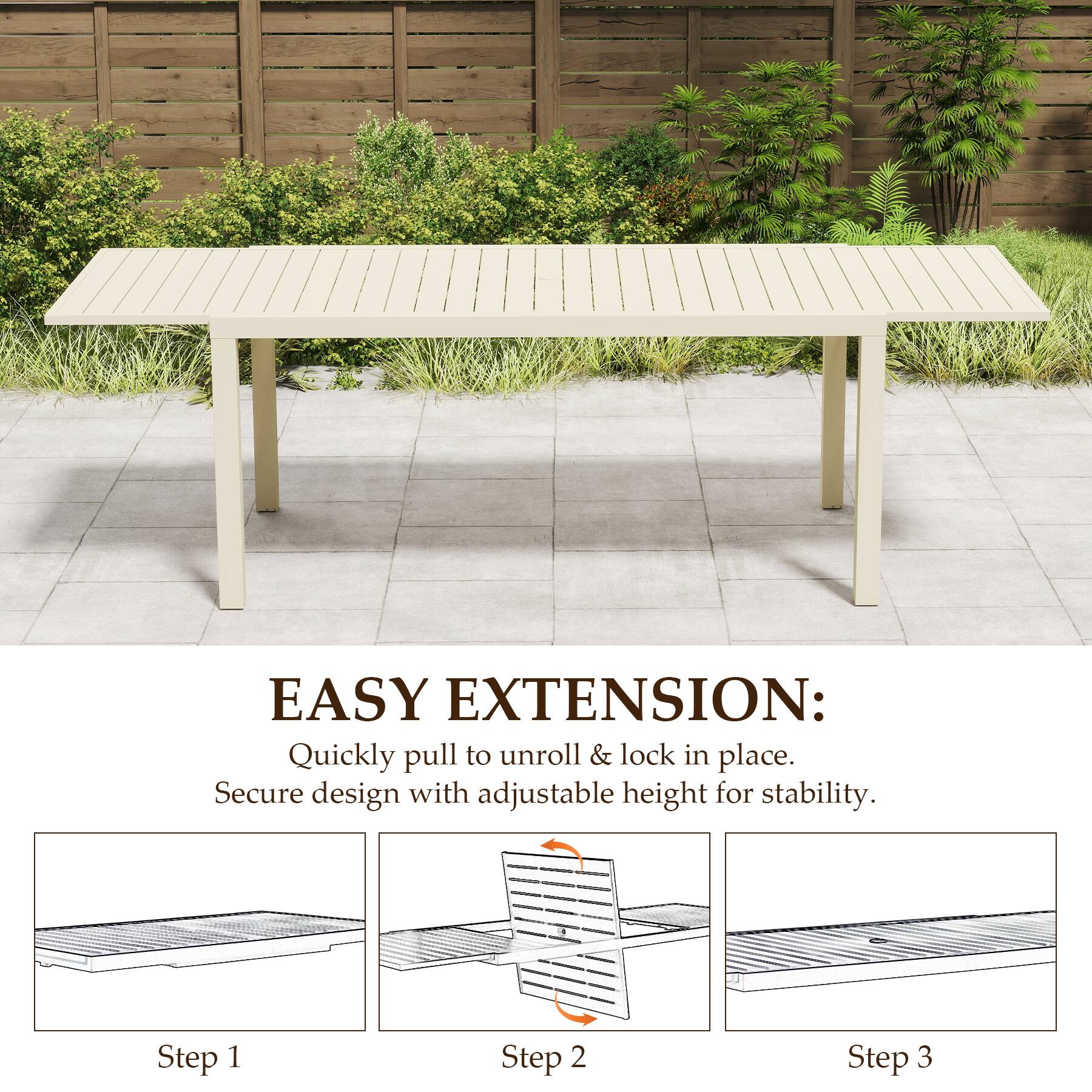 EASY EXTENSION:  
Quickly pull to unroll & lock in place.  
Secure design with adjustable height for stability.  

Step 1  
Step 2  
Step 3