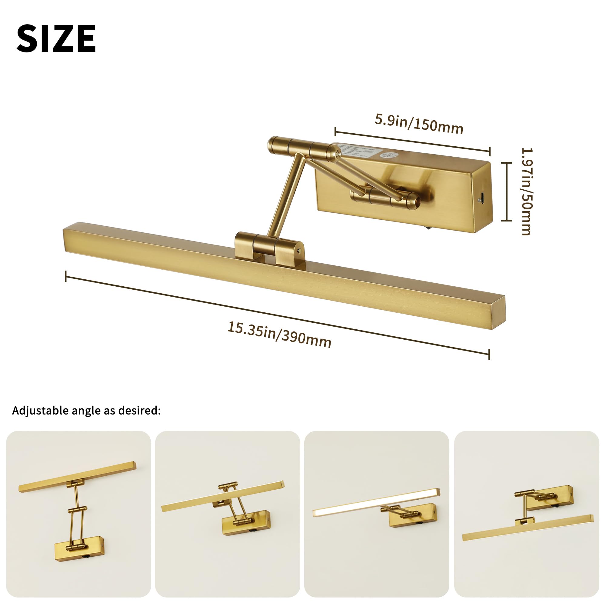 Sure, here is the corrected and grouped text from the image:

---

**SIZE**

- 5.9in/150mm
- 1.97in/50mm
- 15.35in/390mm

Adjustable angle as desired:

---

This text provides the dimensions of the product and mentions that the angle can be adjusted as desired.