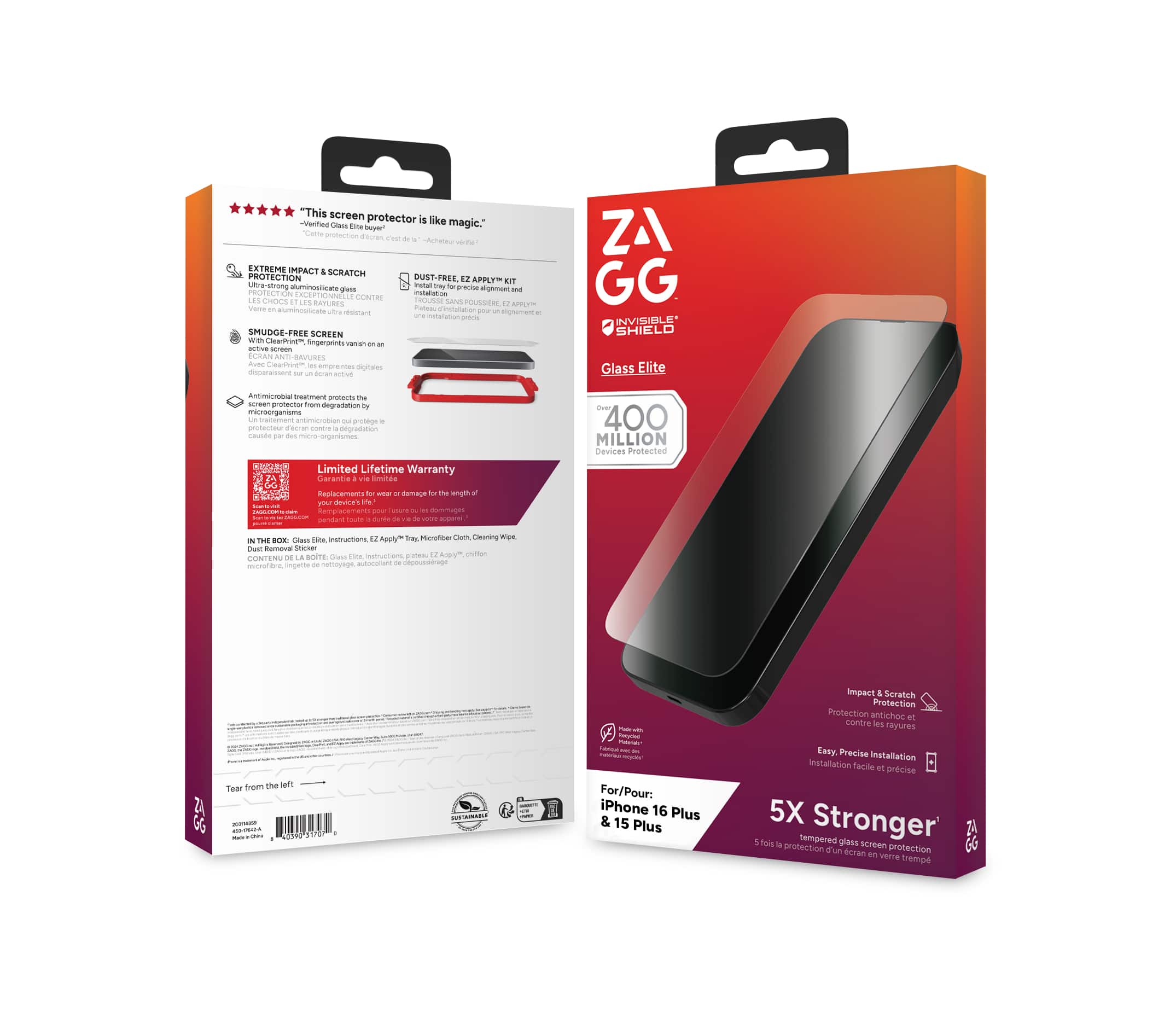 The image features a box and a case for a ZAGG screen protector. The box is red and has a clear glass protector inside. The case is also red and has a screen protector in it. The box and case are both labeled with the ZAGG brand name. The box and case are placed next to each other, showcasing the protective case and the screen protector inside.