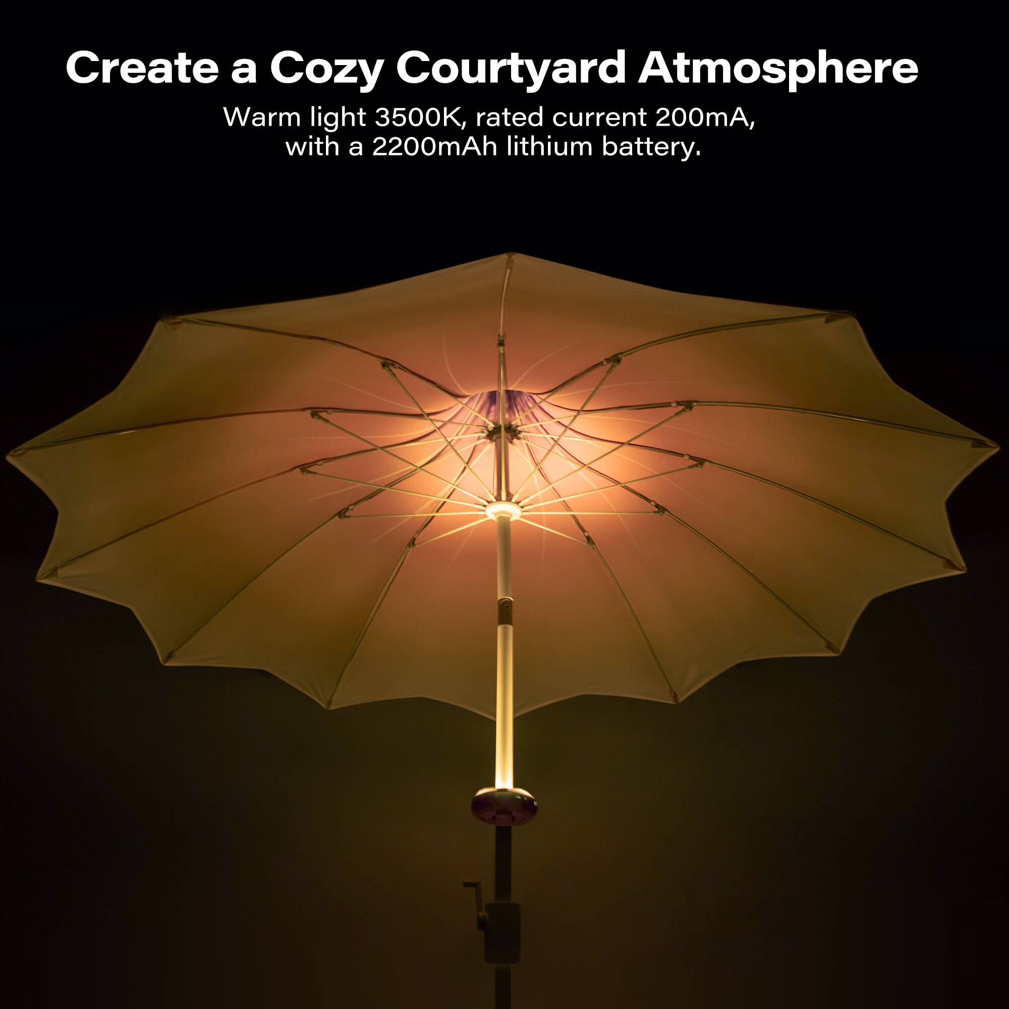 Create a Cozy Courtyard Atmosphere  
Warm light 3500K, rated current 200mA, with a 2200mAh lithium battery.
