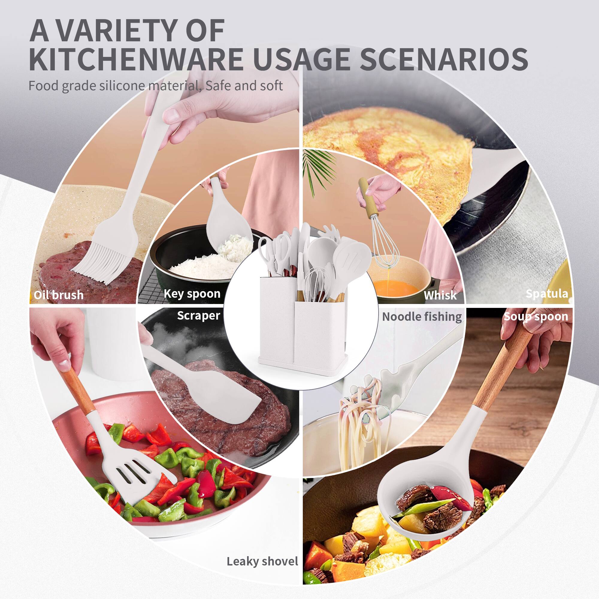 A VARIETY OF KITCHENWARE USAGE SCENARIOS  
Food grade silicone material, Safe and soft  

- Oil brush  
- Key spoon  
- Scraper  
- Whisk  
- Noodle fishing  
- Spatula  
- Soup spoon  
- Leaky shovel