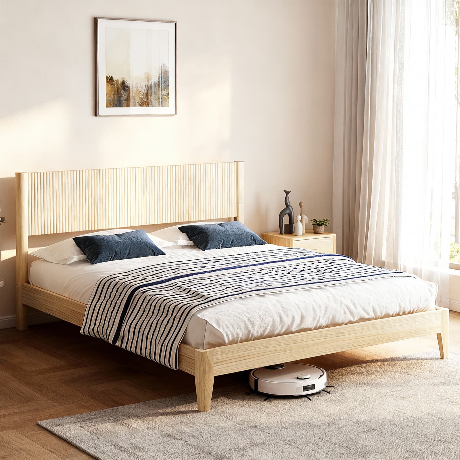 Winado - Fluted Full Size Bed Frame with Headboard, Solid Wood Single Platform Panel Bed with 6 inch Under Bed Storage Space - Natural Wood