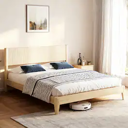 Winado - Fluted King Size Bed Frame with Headboard, Solid Wood Single Platform Panel Bed with 6 inch Under Bed Storage Space - Natural Wood
