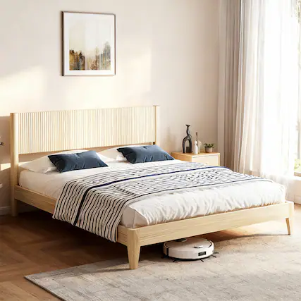 Front. Winado - Fluted King Size Bed Frame with Headboard, Solid Wood Single Platform Panel Bed with 6 inch Under Bed Storage Space - Natural Wood.