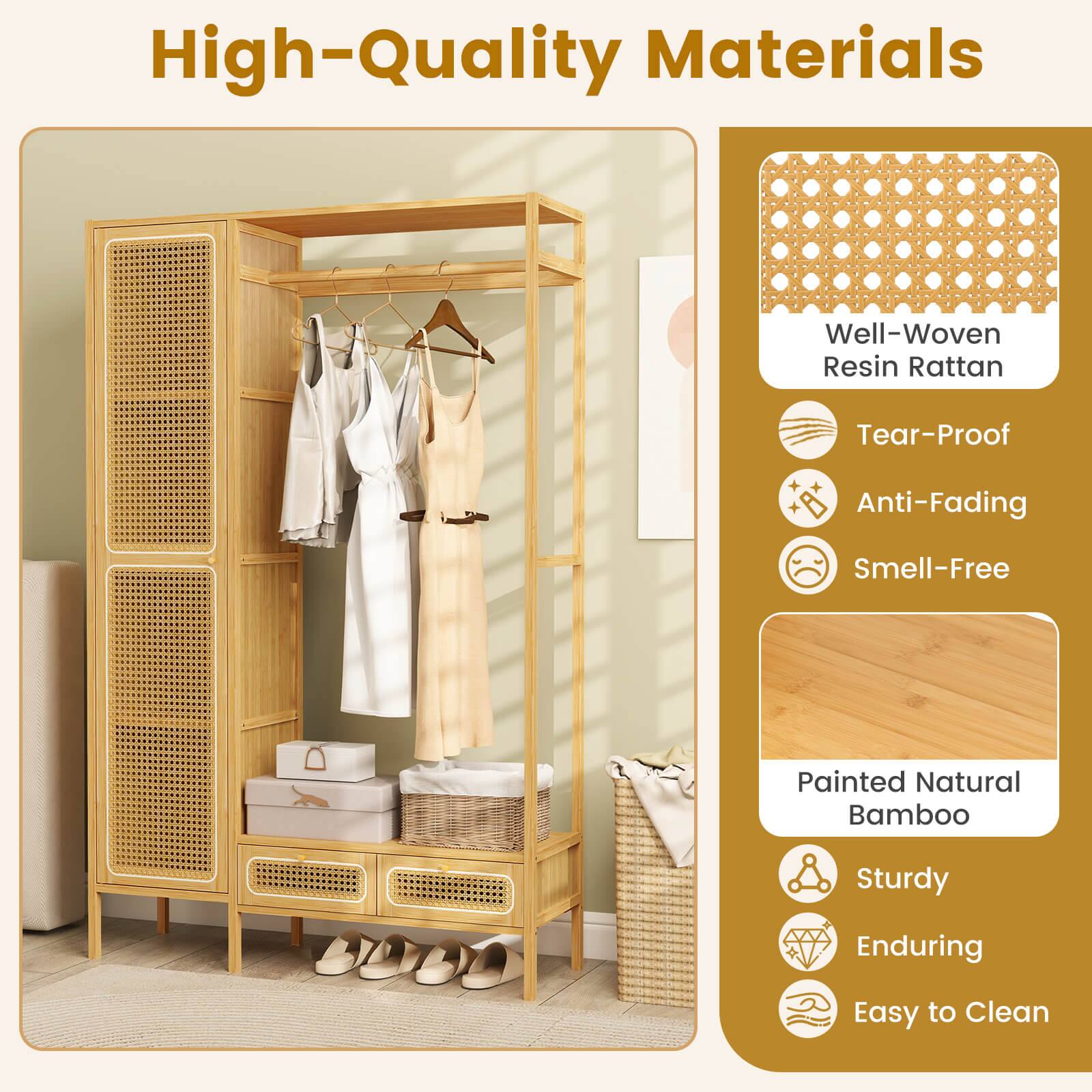 High-Quality Materials

- Well-Woven Resin Rattan
  - Tear-Proof
  - Anti-Fading
  - Smell-Free

- Painted Natural Bamboo
  - Sturdy
  - Enduring
  - Easy to Clean