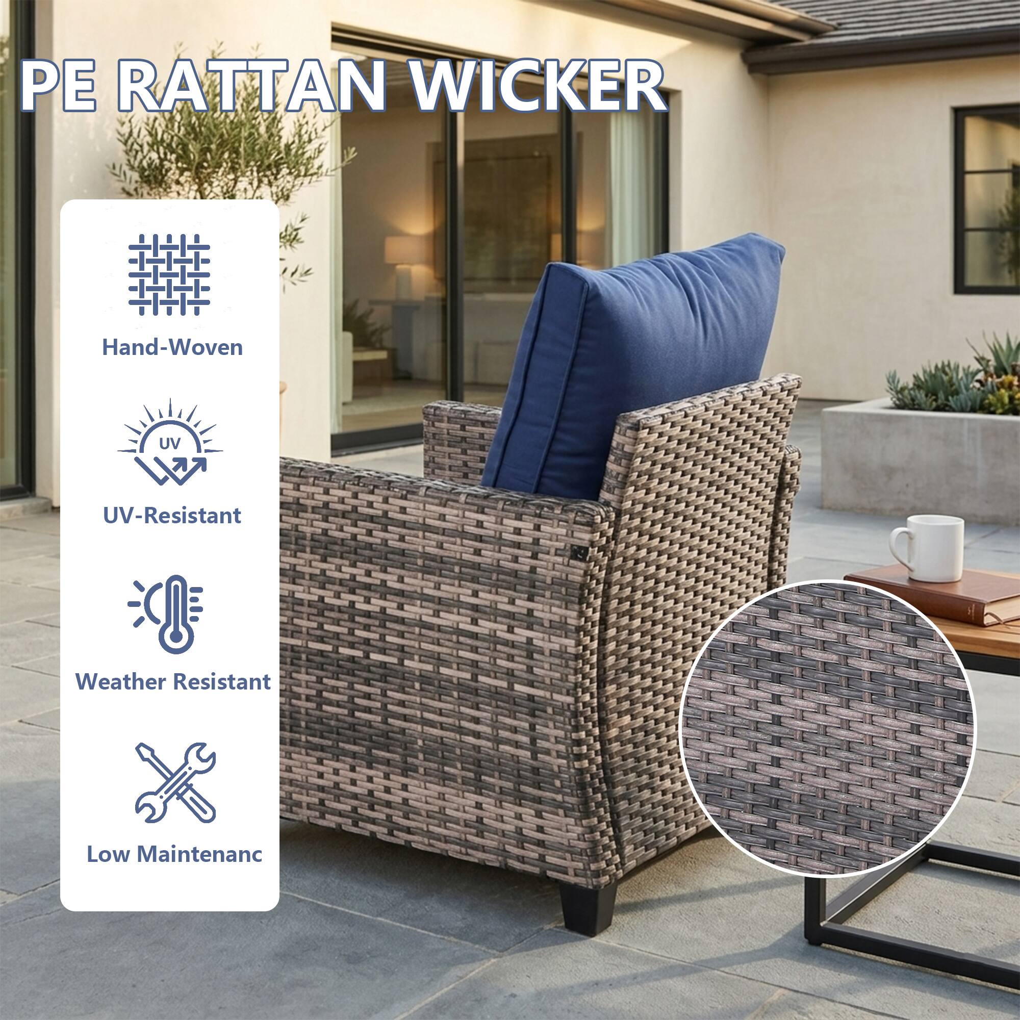 PE RATTAN WICKER

- Hand-Woven
- UV-Resistant
- Weather Resistant
- Low Maintenance