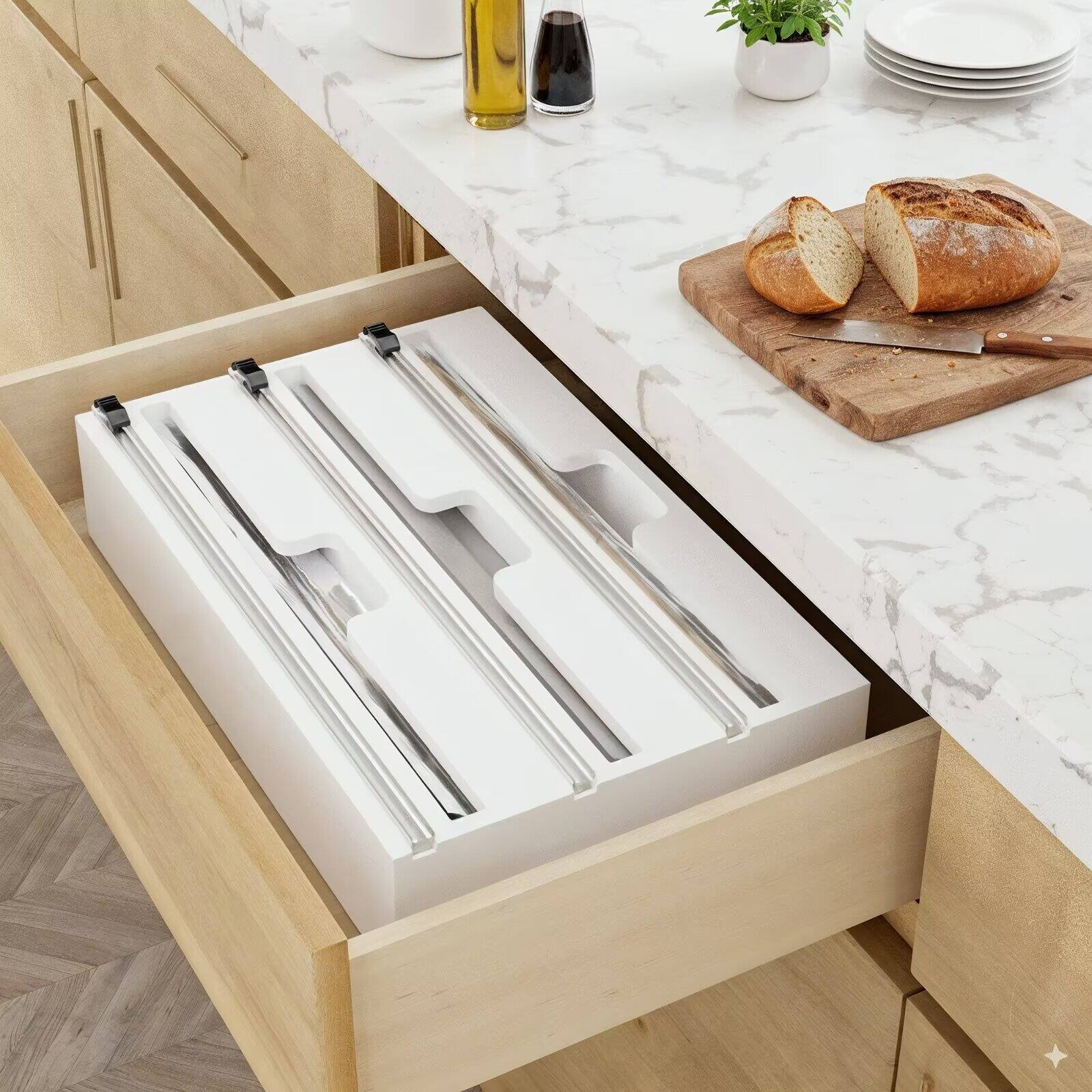 Alt View 2. Tooloton - 3 in 1 Wrap Dispenser with Cutter and Labels, Storage Holder for 12-Inch Plastic Wrap, Foil, and Wax Paper Rolls, White - White.