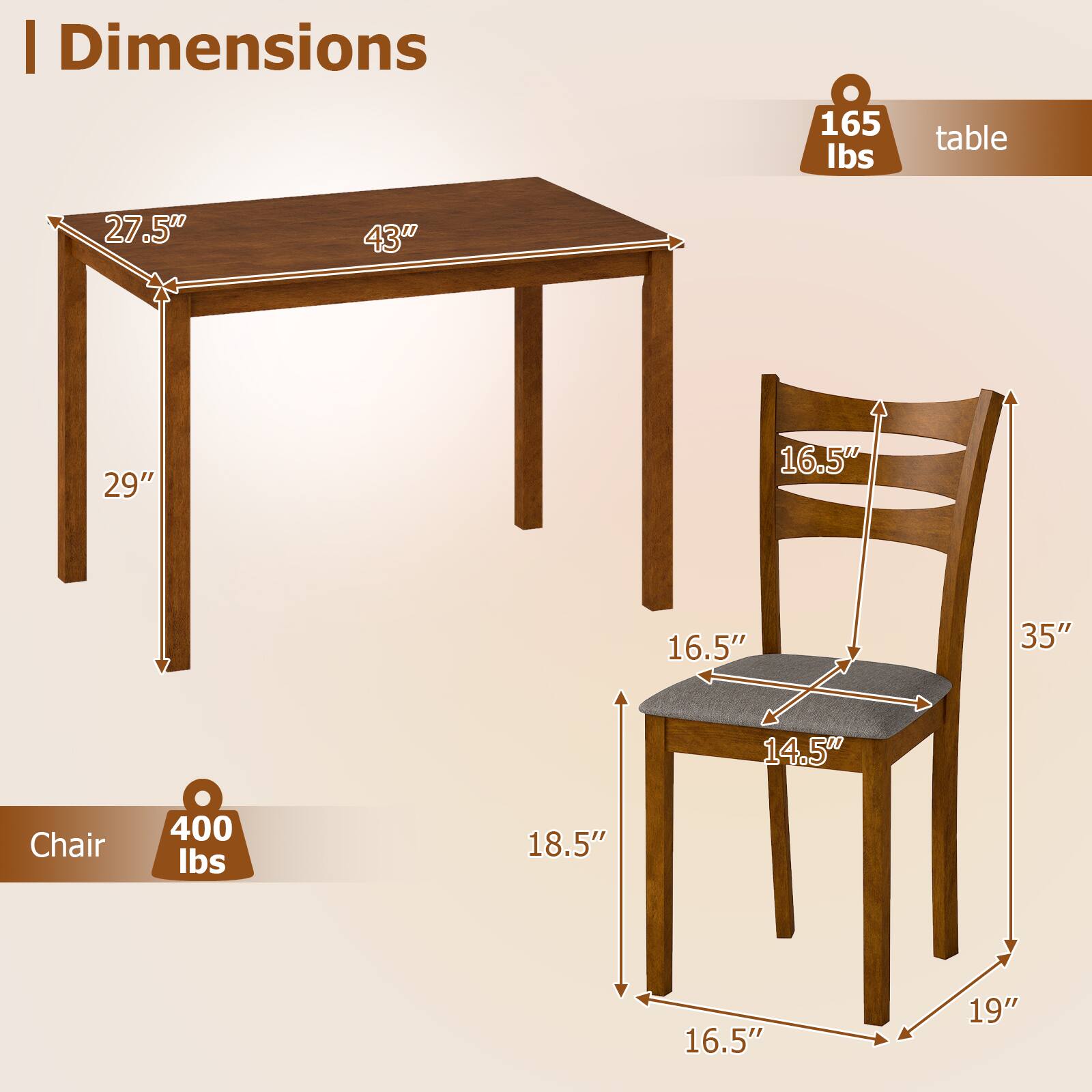 I Dimensions

Table:
- Weight: 165 lbs
- Dimensions: 43" (length) x 27.5" (width) x 29" (height)

Chair:
- Weight: 400 lbs
- Dimensions: 18.5" (seat width) x 16.5" (seat depth) x 35" (overall height) x 14.5" (seat height) x 16.5" (back height) x 19" (leg width)