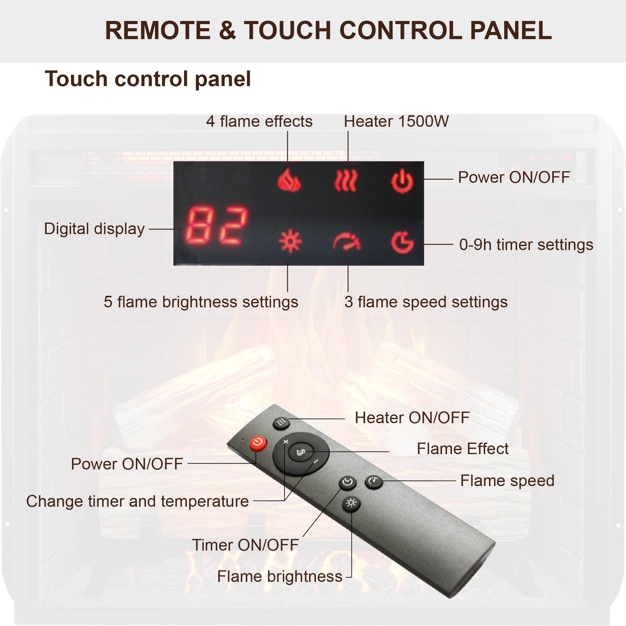 REMOTE & TOUCH CONTROL PANEL

Touch control panel

- Digital display
- 4 flame effects
- 5 flame brightness settings
- 3 flame speed settings
- Heater 1500W
- Power ON/OFF
- 0-9h timer settings

Remote control

- Power ON/OFF
- Change timer and temperature
- Timer ON/OFF
- Flame brightness
- Heater ON/OFF
- Flame Effect
- Flame speed
