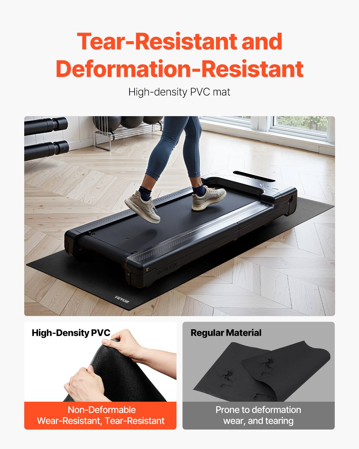 Tear-Resistant and Deformation-Resistant  
High-density PVC mat  

High-Density PVC  
Non-Deformable  
Wear-Resistant, Tear-Resistant  

Regular Material  
Prone to deformation wear, and tearing