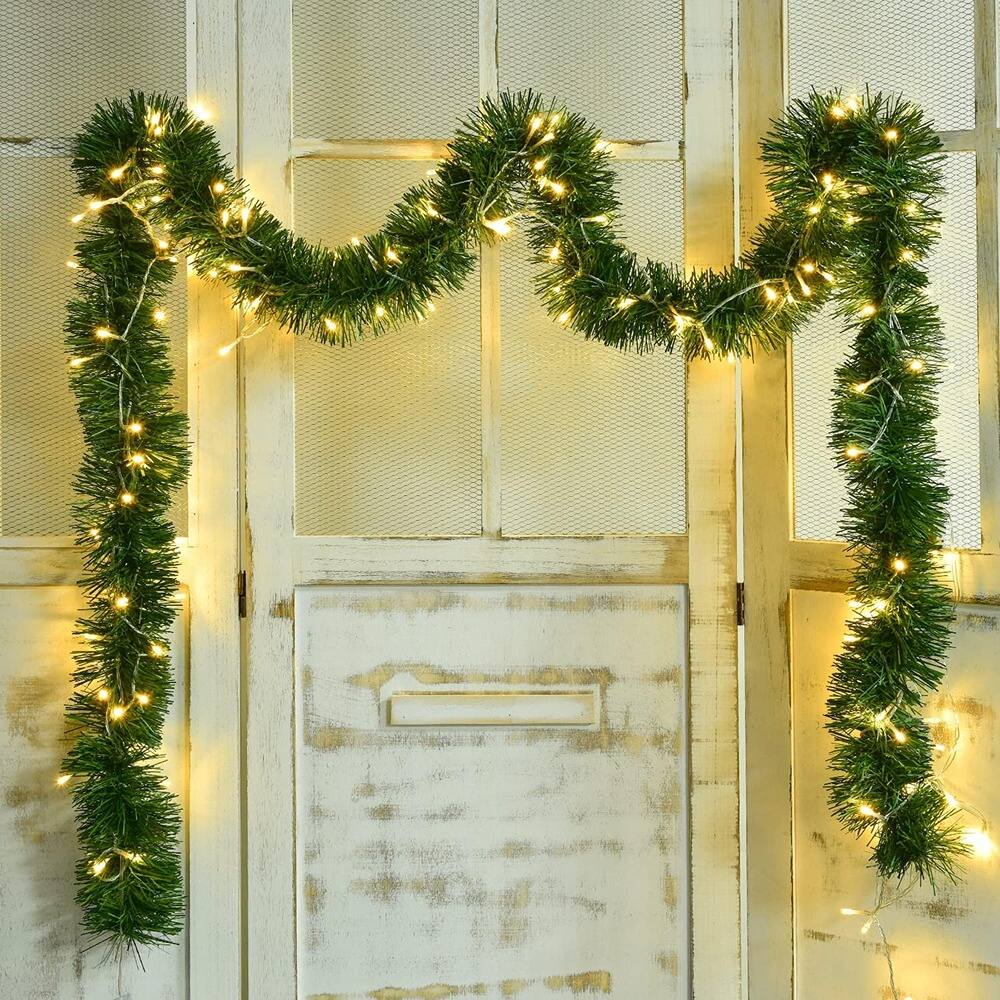 Front. PARKER SLATER - 16.5FT Christmas Garland with 50 LED Lights, Green Artificial Holiday Decor - Dark and Light Green.