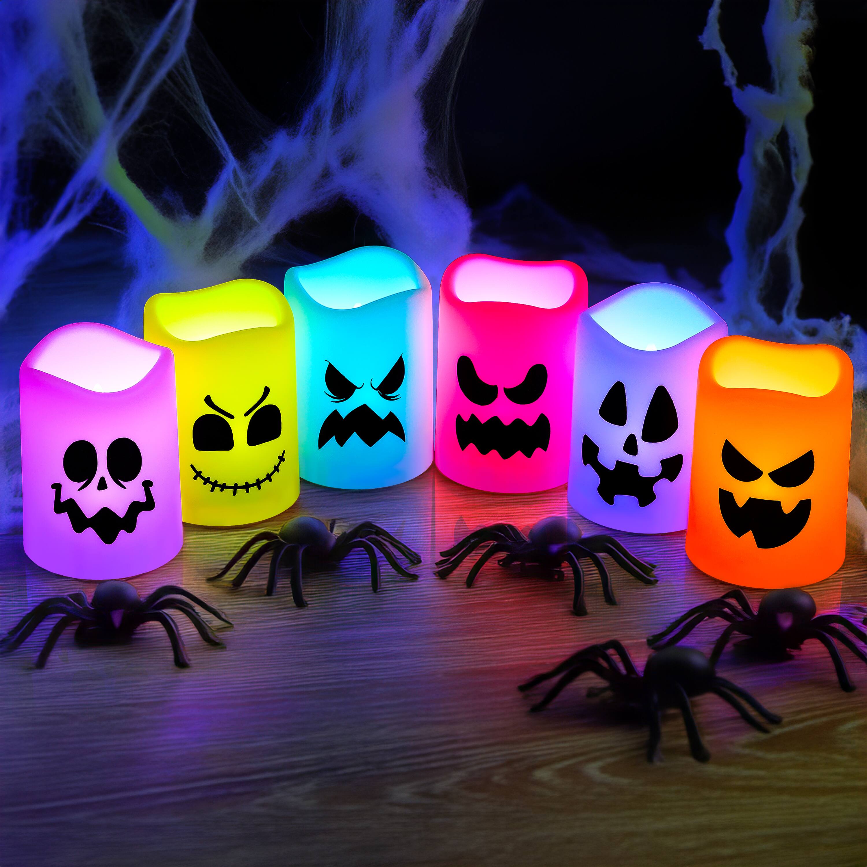 Angle. Joyfy - 6 Pcs Halloween Flameless Candles with Remote Timer – Color Changing LED Lights, Battery Operated for Haunted House - white.