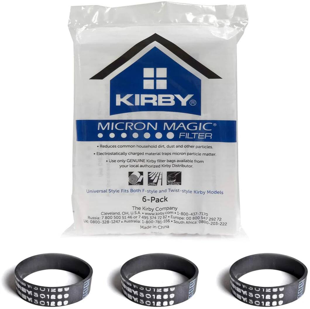 **KIRBY® MICRON MAGIC® FILTER**
- Reduces common household dirt, dust and other particles.
- Electrostatically charged material traps micron particle matter.
- Use only GENUINE Kirby filter bags available from your local authorized Kirby Distributor.
**Universal Style Fits Both F-style and Twist-style Kirby Models**
**6-Pack**
**The Kirby Company**
Cleveland, OH, U.S.A.
www.kirby.com
1-800-437-7170
**Russia:** 7 800 500 51 46 or 7 495 374 72 82
**Europe:** 00 800 547 2927
**UK:** 0800-328-1247
**Australia:** 1-800-781-556
**South Africa:** 0800-203-222
Made in China
**STN**