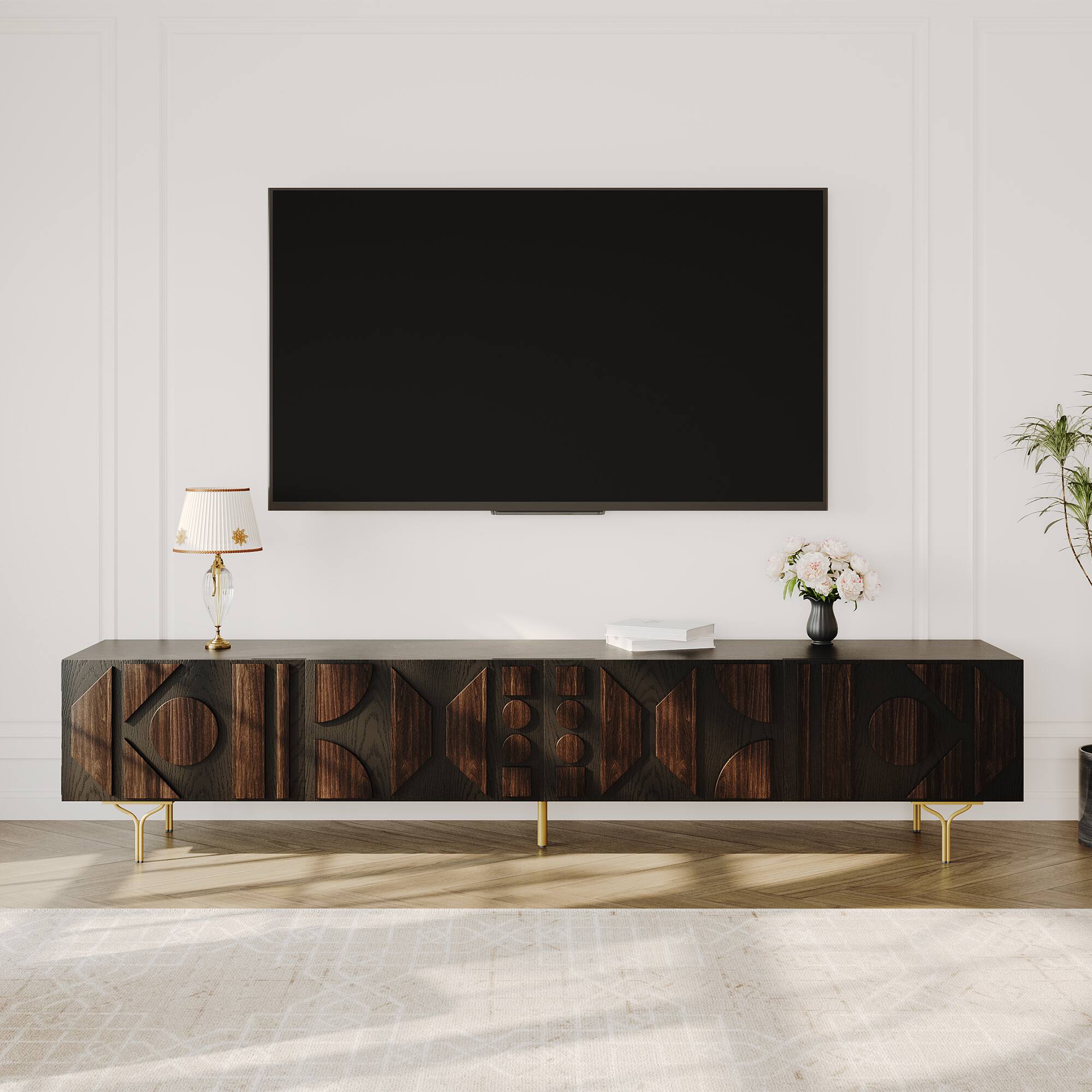 Angle. POVISON - 94.49" Mid-Century TV Stand, Red Oak Veneer Smoky TV Console, Wood Media Console, Metal Legs, Perfect for 85-in TVs - Smoky.
