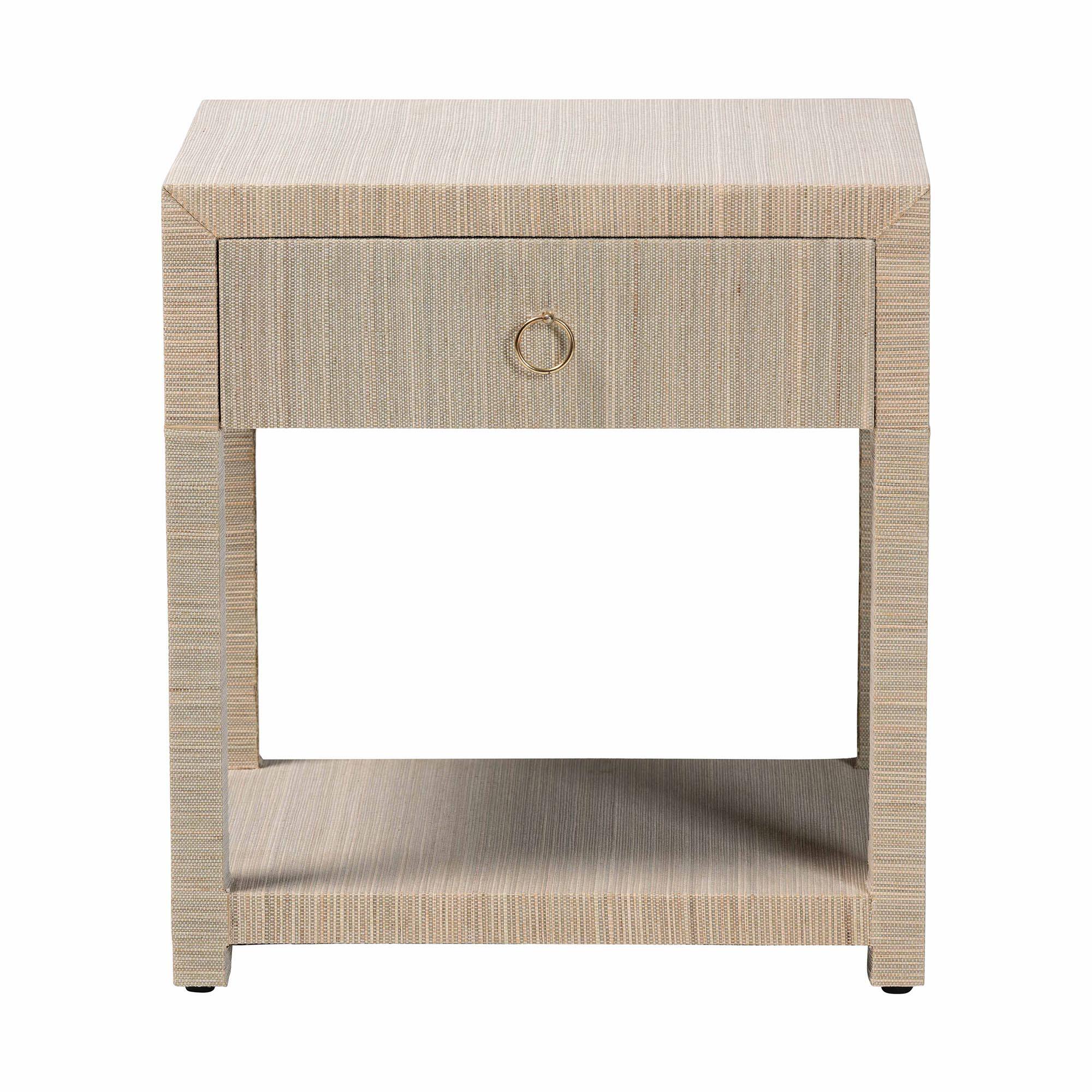 Left. bali & pari - Nata Bohemian Woven Natural Grasscloth 1-Drawer Nightstand - Natural/Gold.