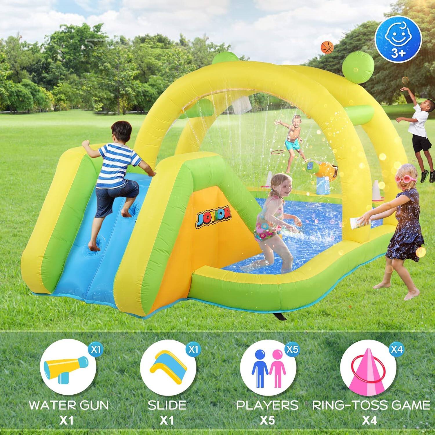 3+ JOYOR X1 X1 X5 X4 WATER GUN X1 SLIDE X1 PLAYERS RING-TOSS GAME X5 X4