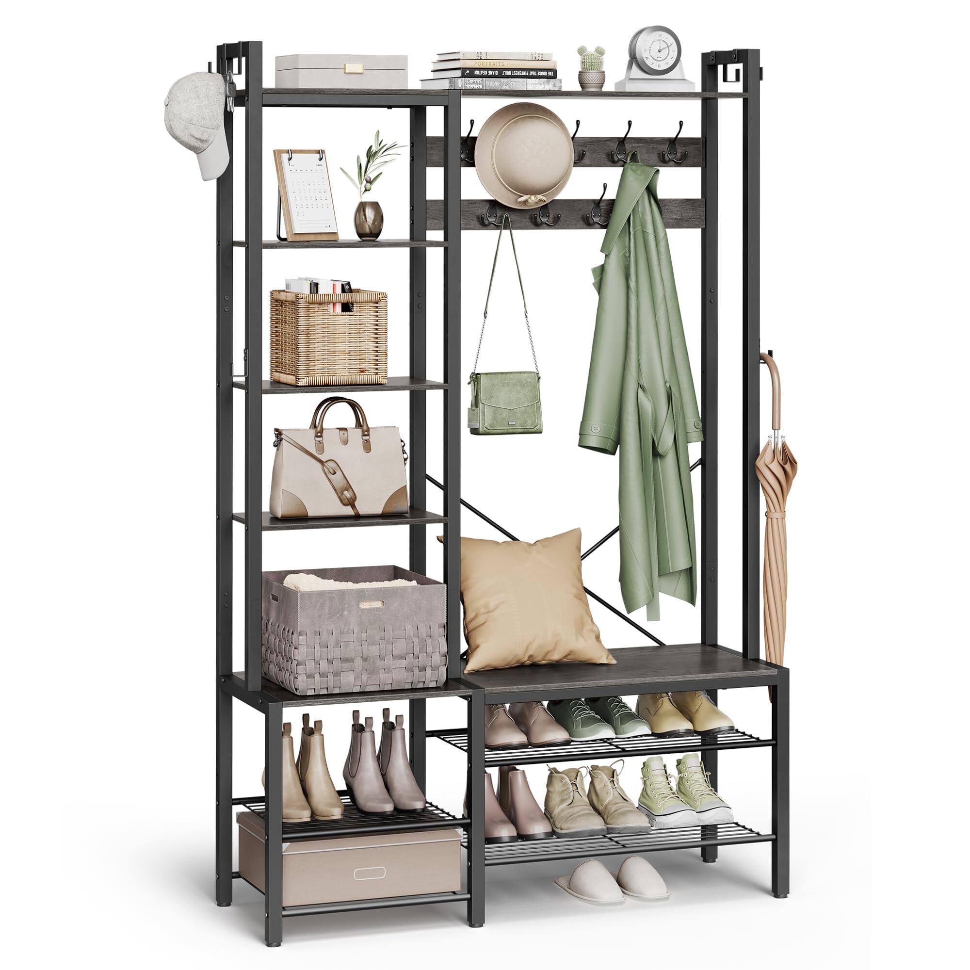 Front. Songmics Home - Hall Tree with Bench and Shoe Storage – 5 Shelves 9 Coat Hooks in Stone Grey and Ink Black - Gray.
