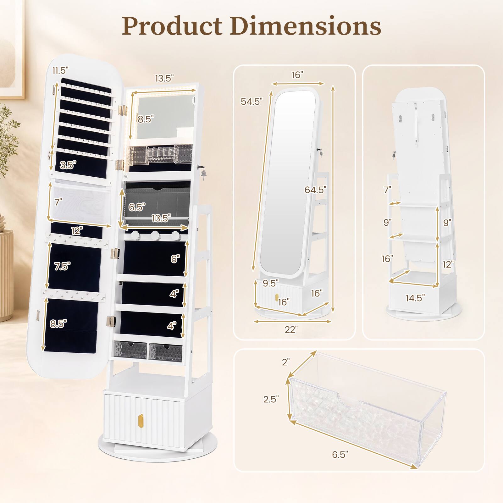 Product Dimensions

- 11.5"
- 13.5"
- 8.5"
- 3.5"
- 6.5"
- 12"
- 54.5"
- 64.5"
- 16"
- 9.5"
- 14.5"
- 22"
- 2"
- 2.5"
- 6.5"