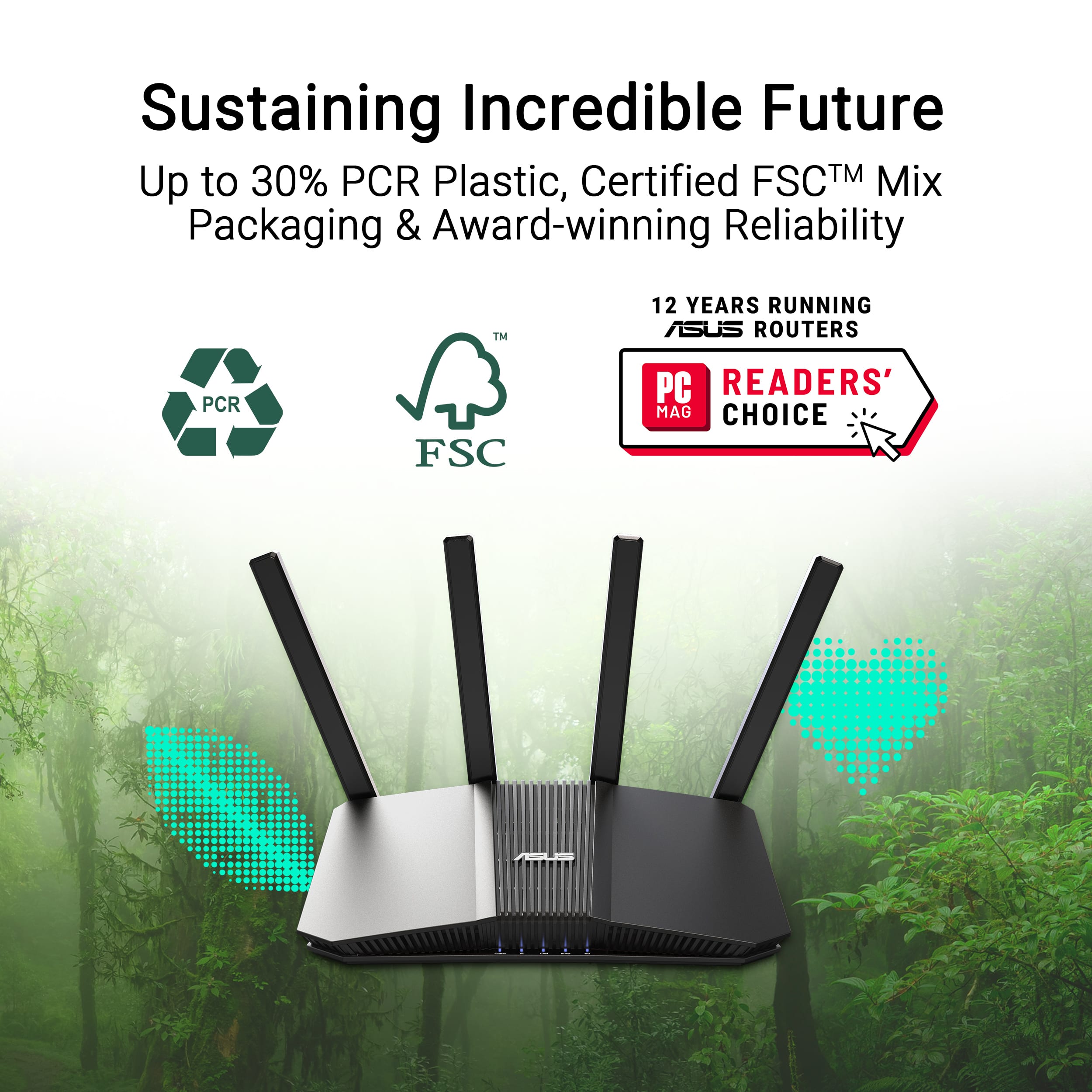Sustaining Incredible Future: Up to 30% PCR Certified FSCTM TM Mix Plastic, Packaging & Award-Winning Reliability TM 12 Years Running ASUS ROUTERS PCR FSC PC READERS' CHOICE