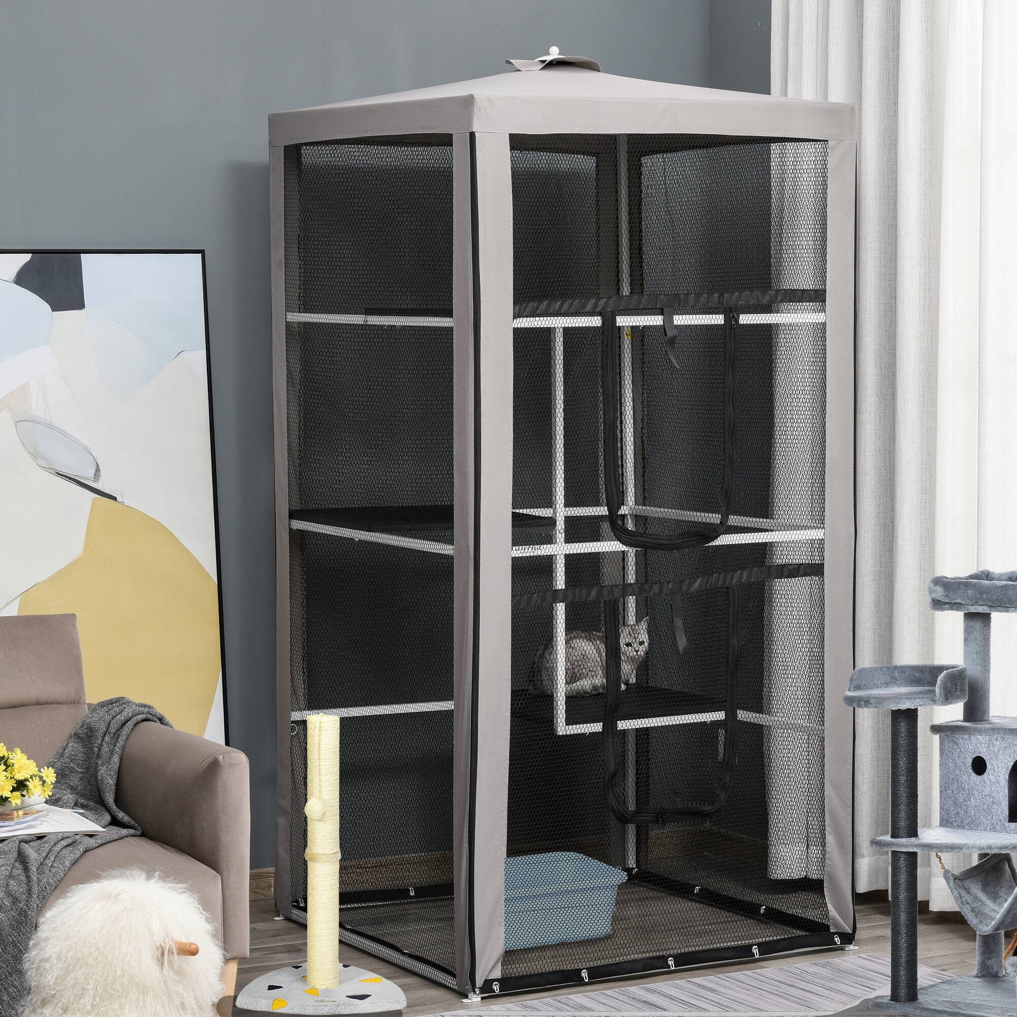 Alt View 1. Pawhut - 79"H Cat House Kitten Enclosure Mesh Playpen Steel Frame with 3 Platforms, 2 Doors, 4 Sandbags for Stability.