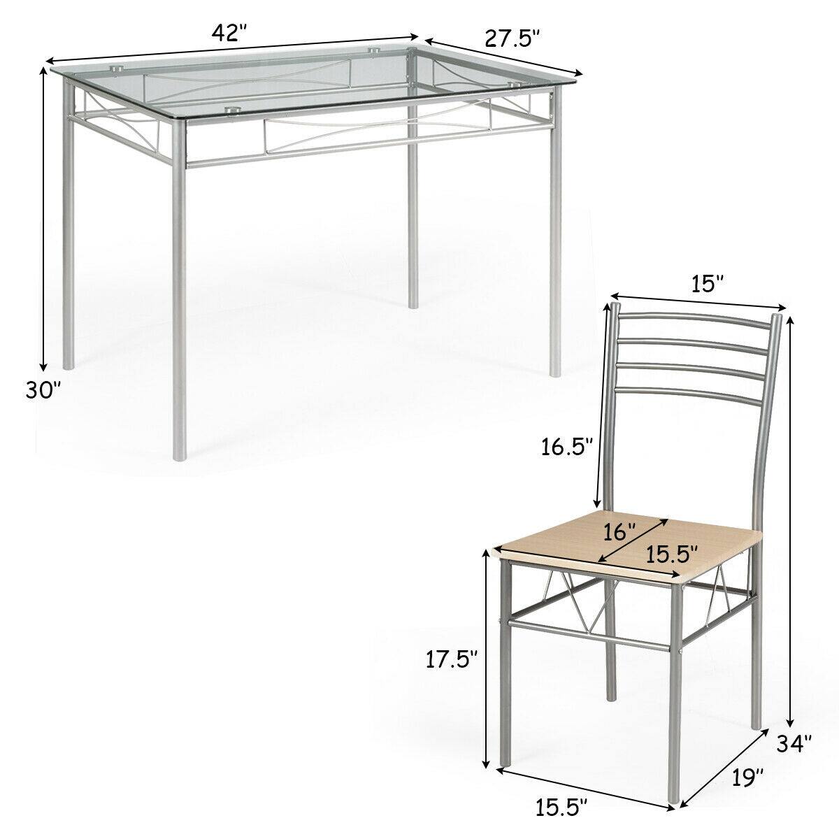 Table: 42", 27.5", 30"

Chair: 15", 16.5", 16", 15.5", 17.5", 34", 19"