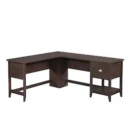 Spaco - 58x66" L-Shaped Computer Desk, 1in Thick, File Drawer and Shelf, Dual Grommets - Brown
