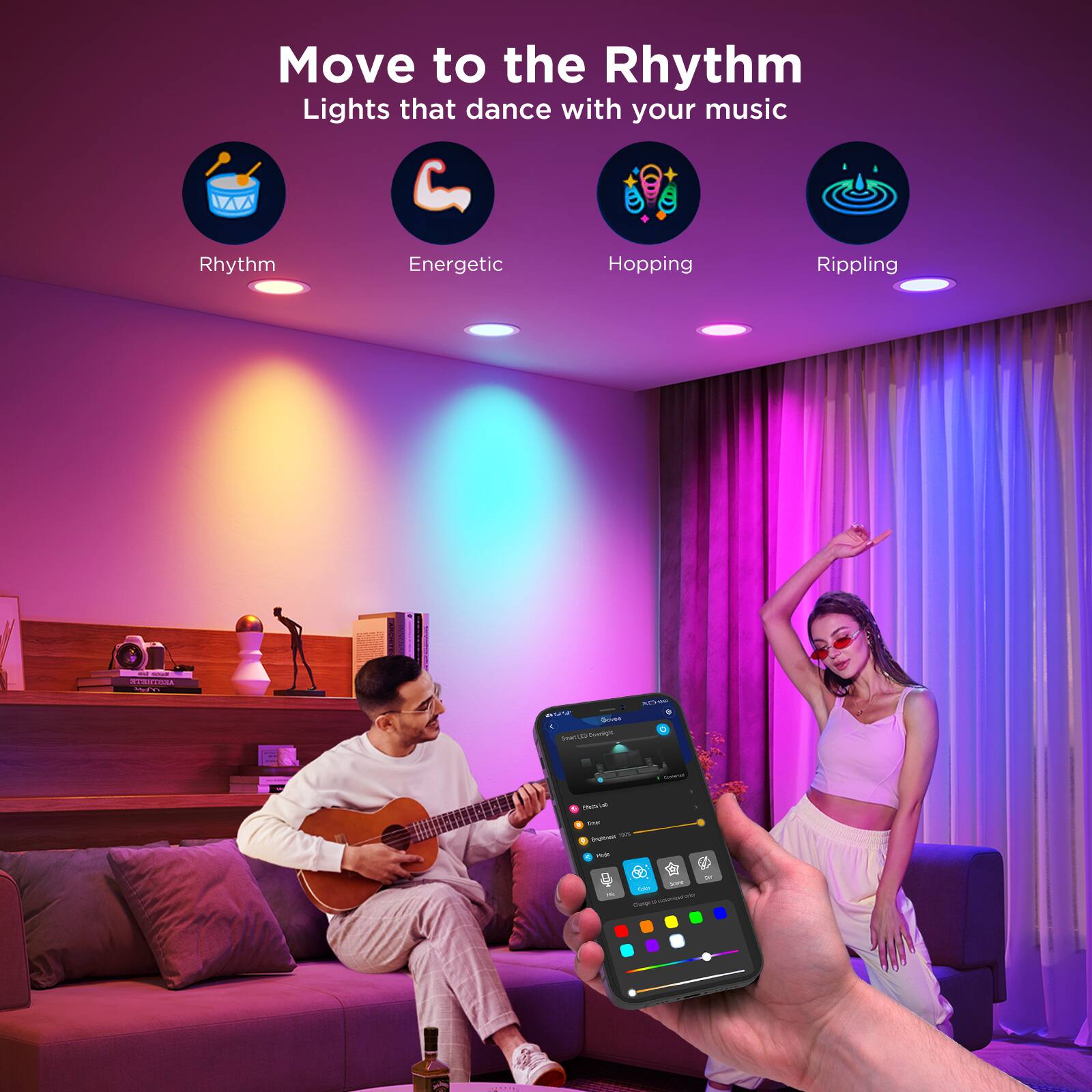 Move to the Rhythm: Lights that dance with your music. Rhythm: Energetic Hopping. Rippling.