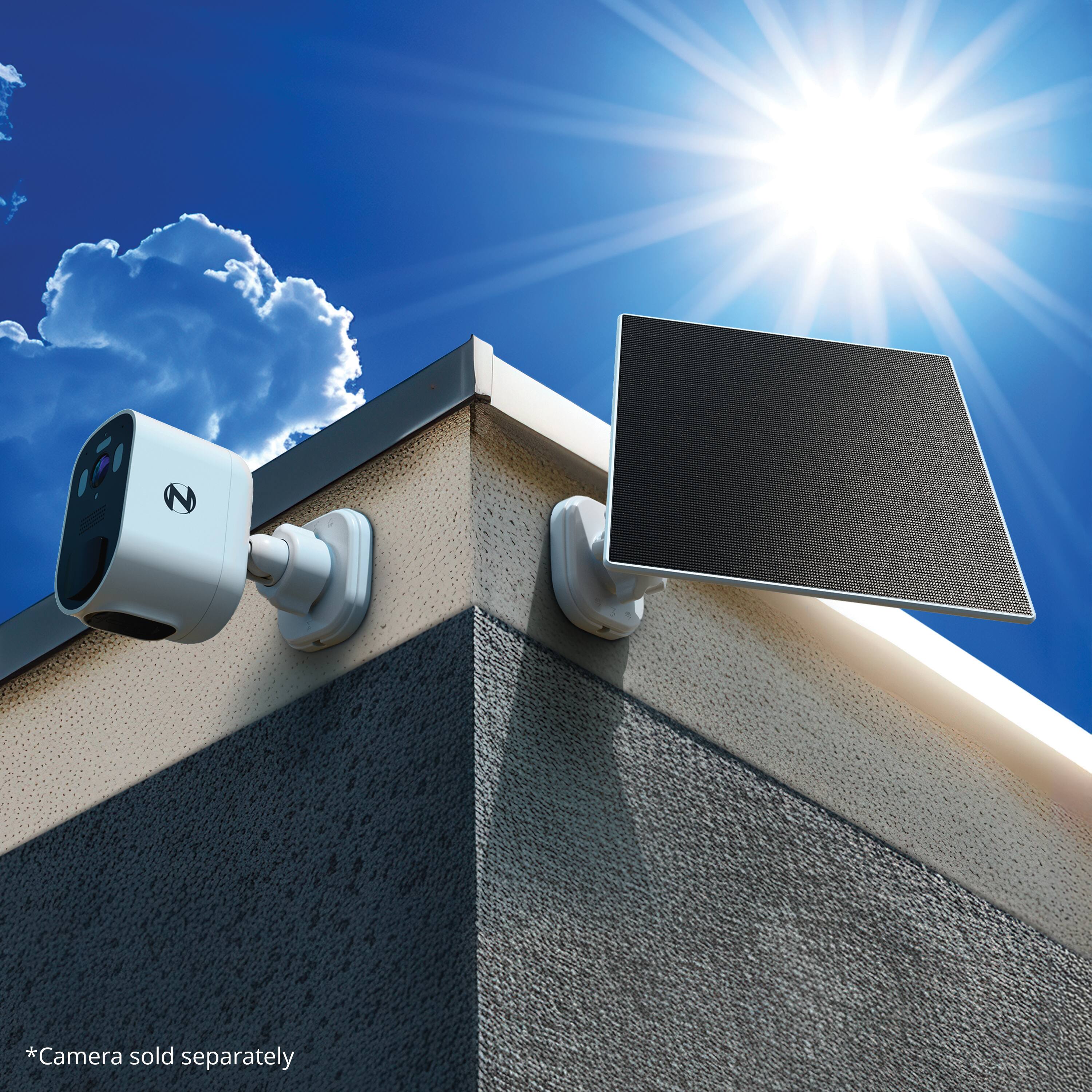 The image shows a security camera mounted on the side of a building. The camera is positioned on a wall, and it is surrounded by a blue sky. The text on the image reads "camera sold separately," indicating that the camera itself is not included in the package and must be purchased separately.