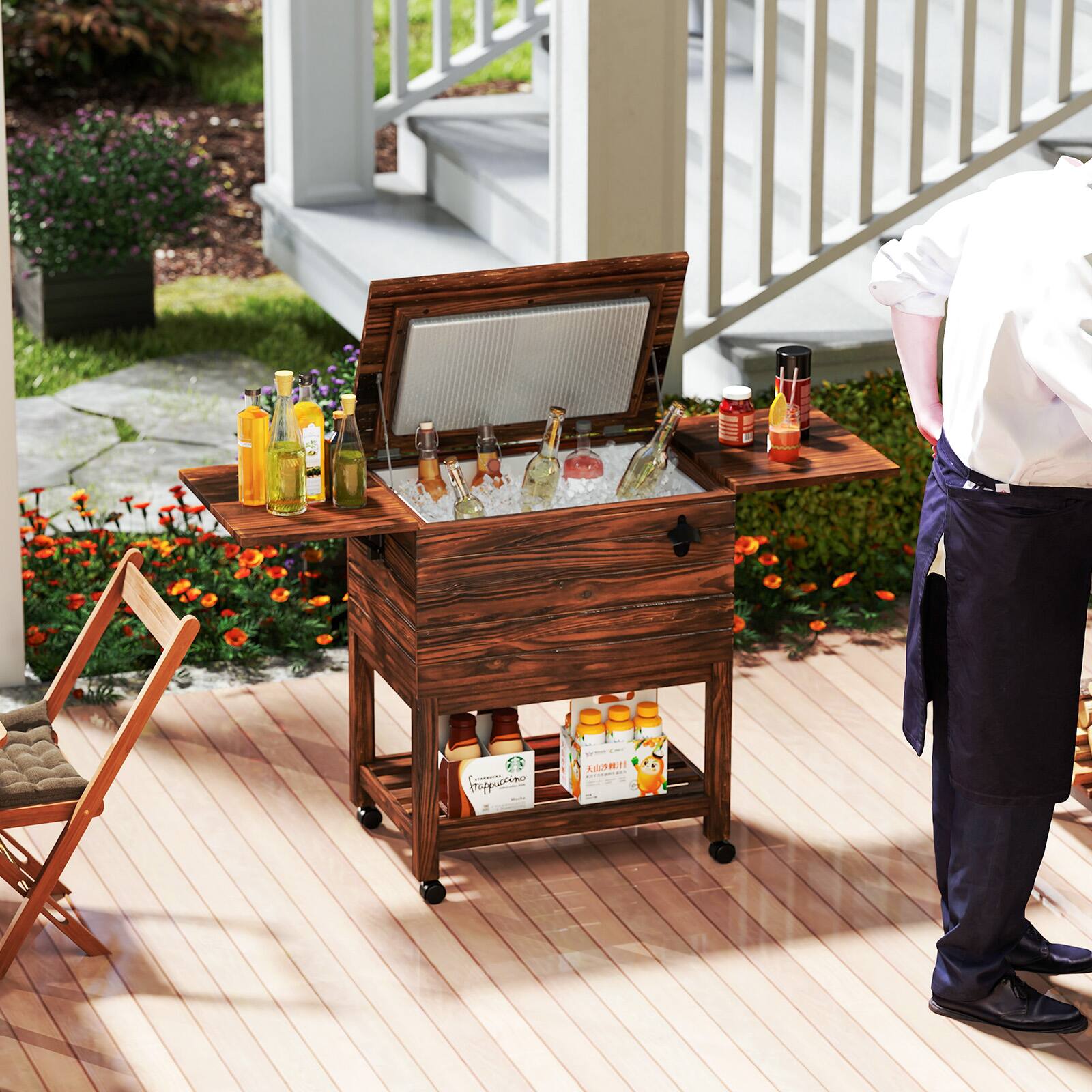 Gymax 54 Quart Rolling Wooden Patio Cooler Cart w/ 2 Drop Leaf