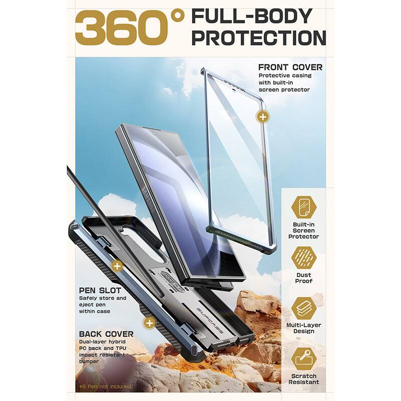 **360° FULL-BODY PROTECTION**

**FRONT COVER**
- Protective casing with built-in screen protector

**PEN SLOT**
- Safely store and eject pen within case

**BACK COVER**
- Dual-layer hybrid PC back and TPU impact resistant bumper

**Features:**
- Built-in Screen Protector
- Dust Proof
- Multi-Layer Design
- Scratch Resistant

*S Pen not included.
