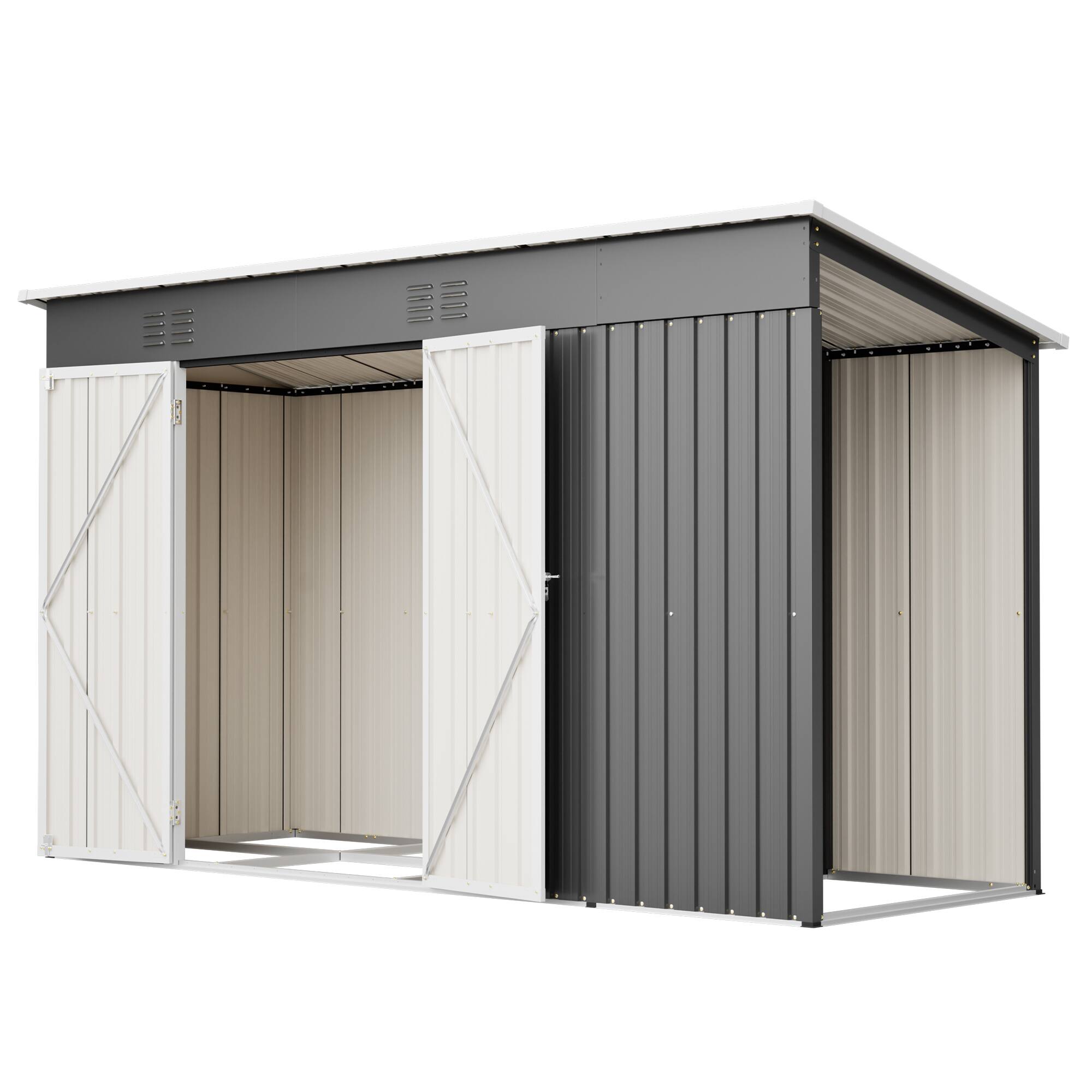 Alt View 9. Loheer - Loheer 10x4 Outdoor Metal Storage Shed for Garden Tools with Floor Frame and Lockable Door Grey Backyard Utility Shed.