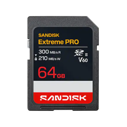 SANDISK Extreme PRO
300 MB/s R
210 MB/s W
XC II
V60
64GB
SANDISK