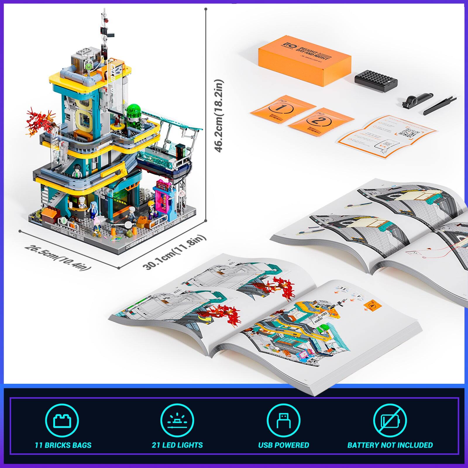 46.2cm(18.2in) F9 der PU C THne E 2 S 26.26.5cm(T0.5cm T0.4in) 8in) 30.1cm(11.8in) 30.1cm(11.8in) BRICKS BAGS 21 LED LIGHTS USB POWERED BATTERY NOT INCLUDED