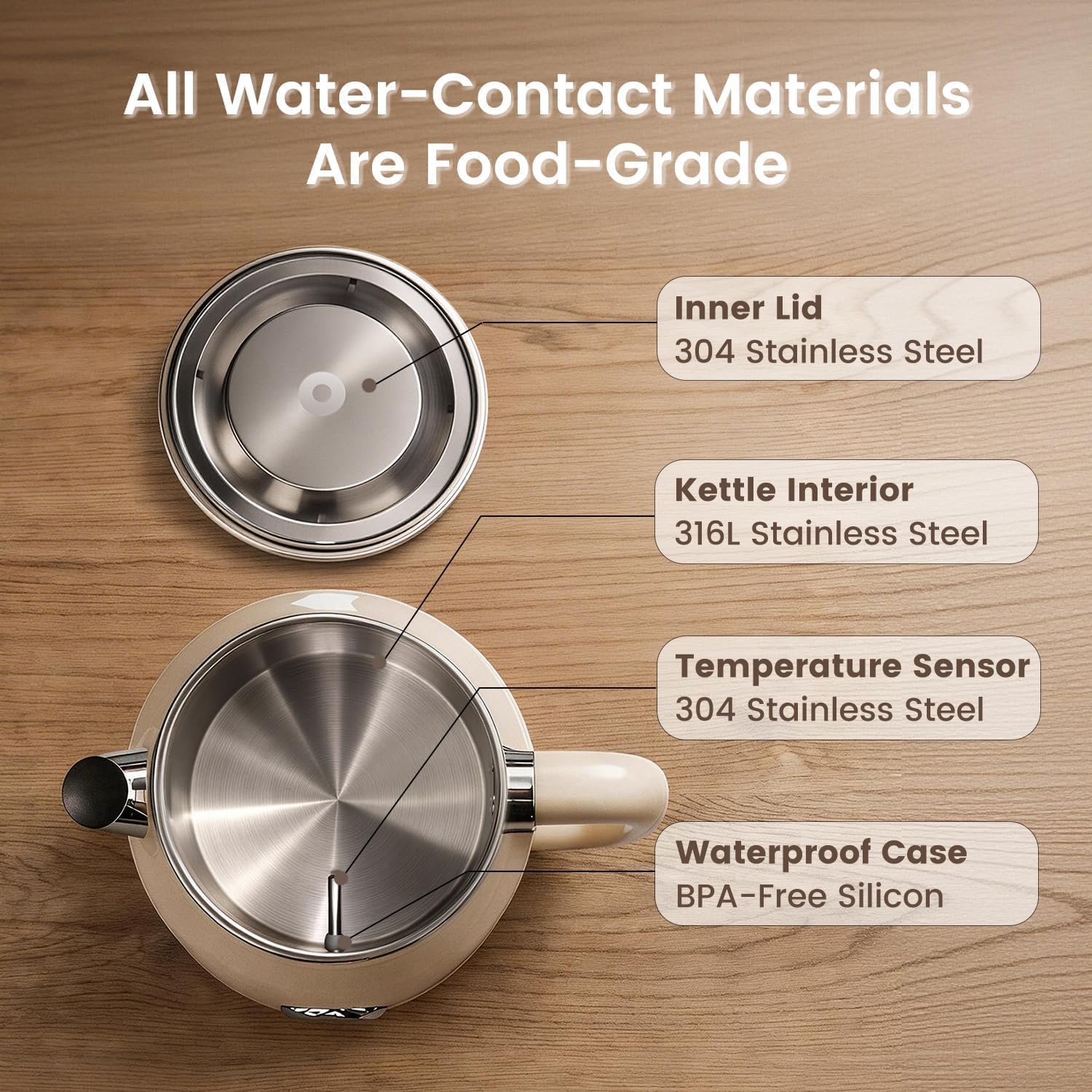 All Water-Contact Materials Are Food-Grade

Inner Lid
304 Stainless Steel

Kettle Interior
316L Stainless Steel

Temperature Sensor
304 Stainless Steel

Waterproof Case
BPA-Free Silicon