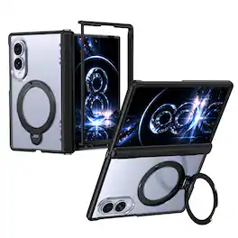 Dteck - Magnetic Case for Samsung Galaxy Z Fold8 with Ring Stand, Slim Frosted Shockproof Auto Spring Hinge Protective Cover - Black