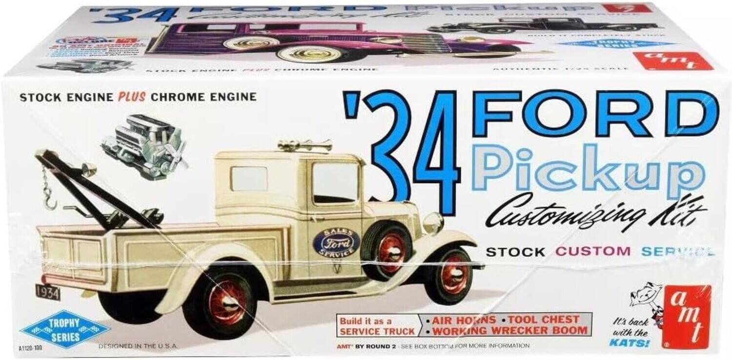 FORD '34 Pickup Customizing Kit  
STOCK ENGINE PLUS CHROME ENGINE  
STOCK CUSTOM SERVICE  

Build it as a  
TROPHY SERVICE TRUCK  
with AIR HORNS • TOOL CHEST  
WORKING WRECKER BOOM  

It's back in the SERIES 120  
DESIGNED IN THE U.S.A.  
SEE BOX BOTTOM FOR MORE INFORMATION  

AMT BY ROUND 2  

A1234  
$10.95
