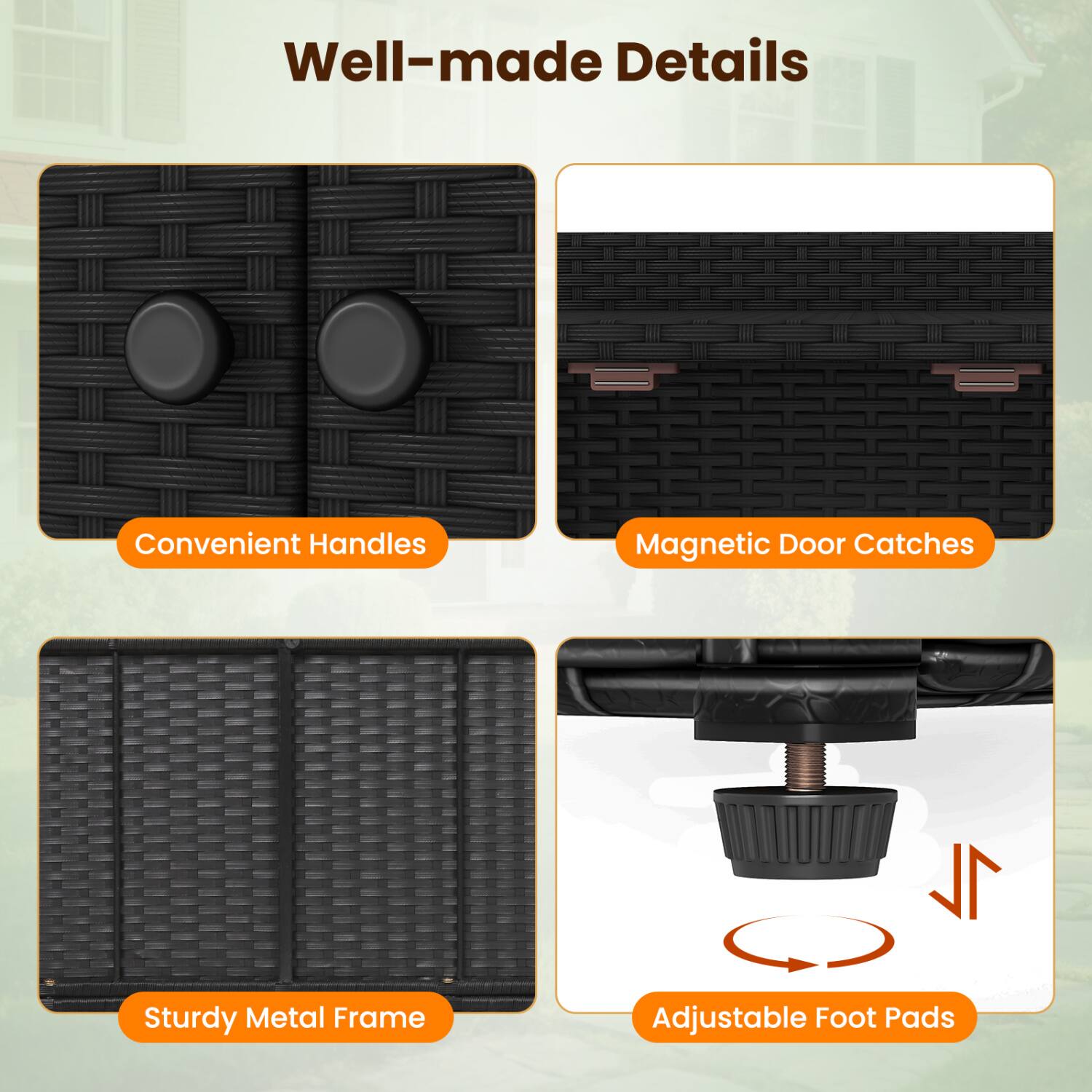 Well-made Details

Convenient Handles
Magnetic Door Catches
Sturdy Metal Frame
Adjustable Foot Pads